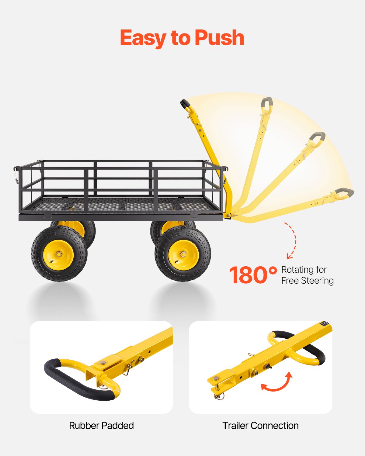 VEVOR 2 en 1 Carrito de Jardín de Acero de 2125 x 750 x 670 mm con Neumáticos Todoterreno de 13", Laterales de Malla Extraíbles y Manija Giratoria de 180°,  Carga de 544,31 kg, Amarillo y Negro