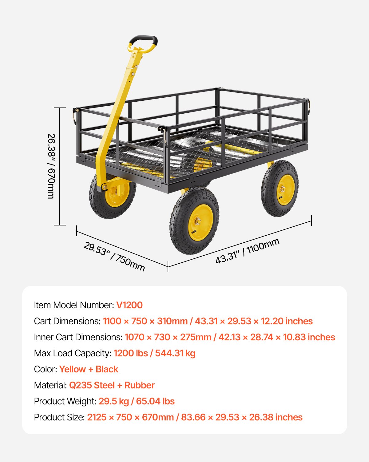 VEVOR 2 en 1 Carrito de Jardín de Acero de 2125 x 750 x 670 mm con Neumáticos Todoterreno de 13", Laterales de Malla Extraíbles y Manija Giratoria de 180°,  Carga de 544,31 kg, Amarillo y Negro