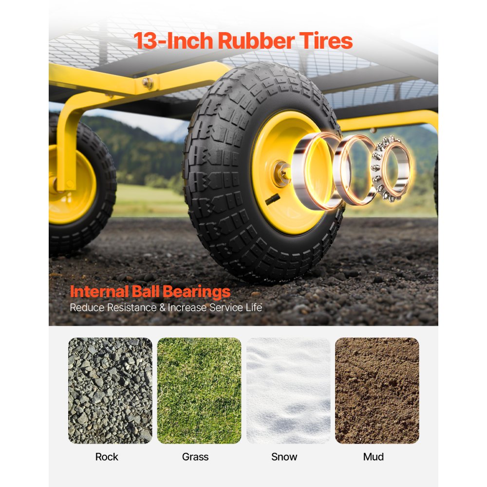 VEVOR 2 en 1 Carrito de Jardín de Acero de 2225 x 760 x 775 mm con Neumáticos Todoterreno de 13", Laterales de Malla Extraíbles y Manija Giratoria de 180°,  Carga de 635,03 kg, Amarillo y Negro