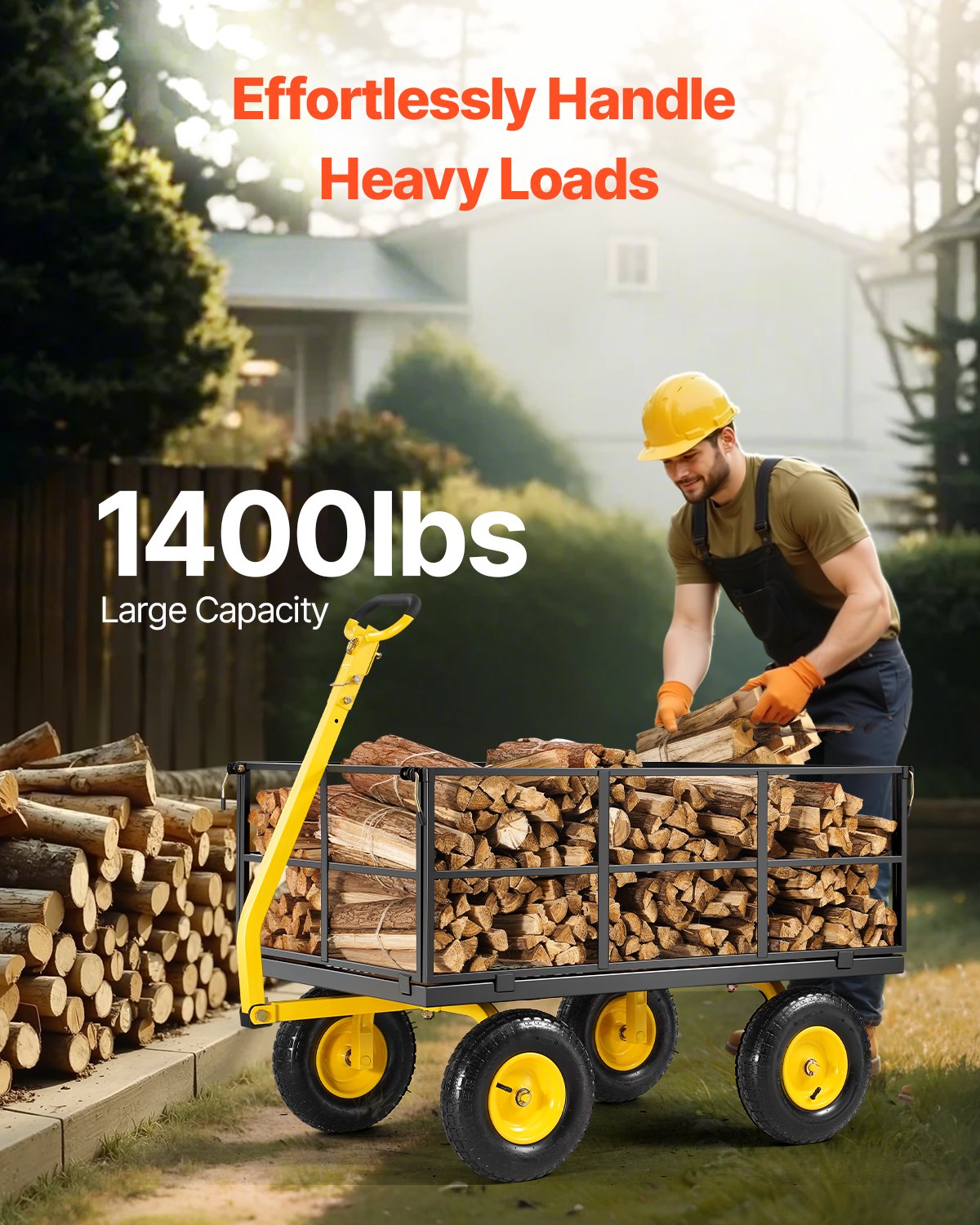 VEVOR 2 en 1 Carrito de Jardín de Acero de 2225 x 760 x 775 mm con Neumáticos Todoterreno de 13", Laterales de Malla Extraíbles y Manija Giratoria de 180°,  Carga de 635,03 kg, Amarillo y Negro