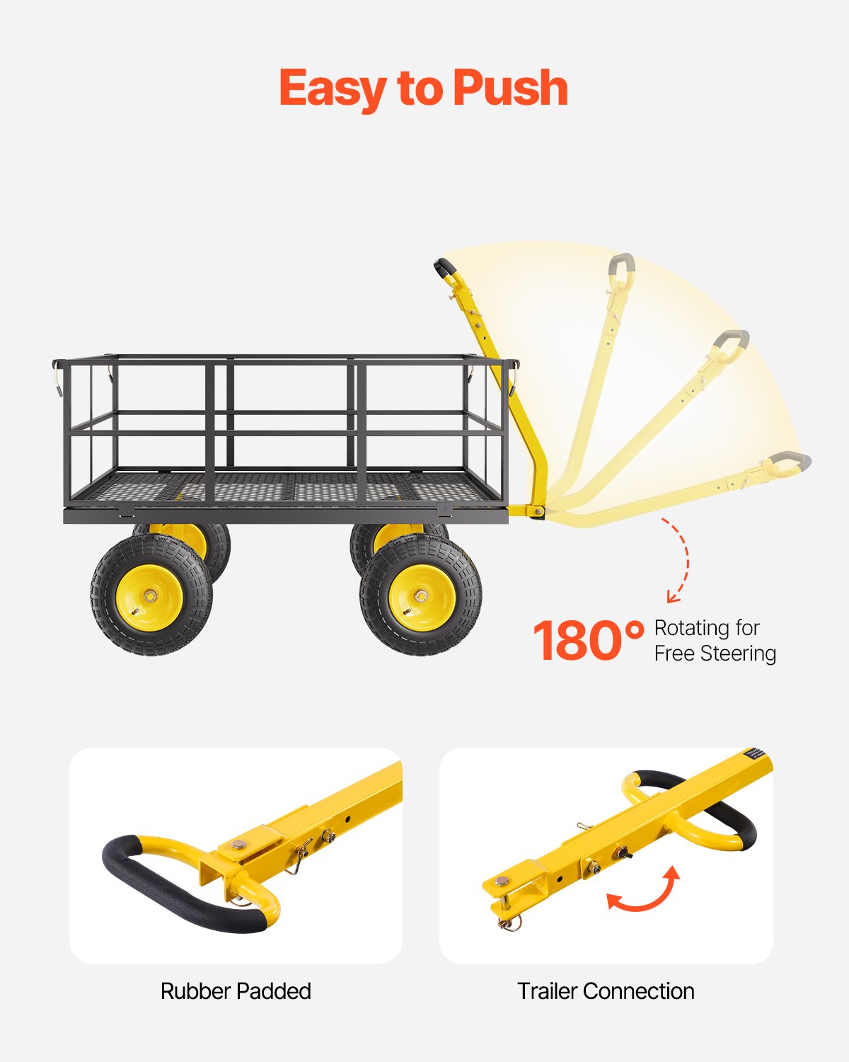 VEVOR 2 en 1 Carrito de Jardín de Acero de 2225 x 760 x 775 mm con Neumáticos Todoterreno de 13", Laterales de Malla Extraíbles y Manija Giratoria de 180°,  Carga de 635,03 kg, Amarillo y Negro