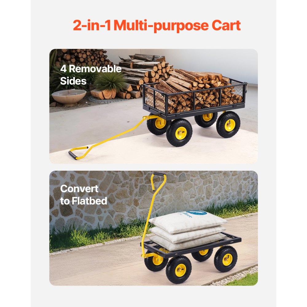 VEVOR Carrito Resistente de Jardín de Acero de 1700 x 480 x 515 mm con Neumáticos de 10", Laterales de Malla Extraíbles y Manija Giratoria de 180°, Capacidad de Carga de 226,80 kg, Amarillo y Negro
