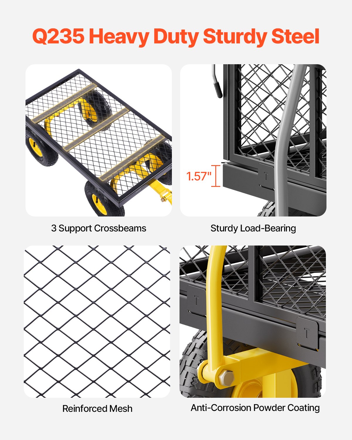 VEVOR Carrito Resistente de Jardín de Acero de 1700 x 480 x 515 mm con Neumáticos de 10", Laterales de Malla Extraíbles y Manija Giratoria de 180°, Capacidad de Carga de 226,80 kg, Amarillo y Negro
