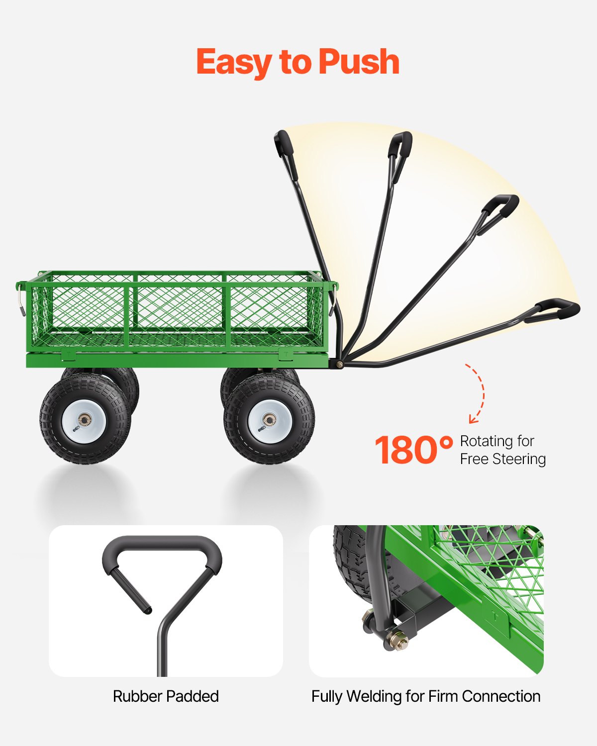 VEVOR Carrito de Jardín de Acero de 1700 x 480 x 515 mm con Neumáticos de 10", Laterales de Malla Extraíbles y Manija Giratoria de 180° para Exterior, Capacidad máxima de Carga de 308,44 kg, Verde