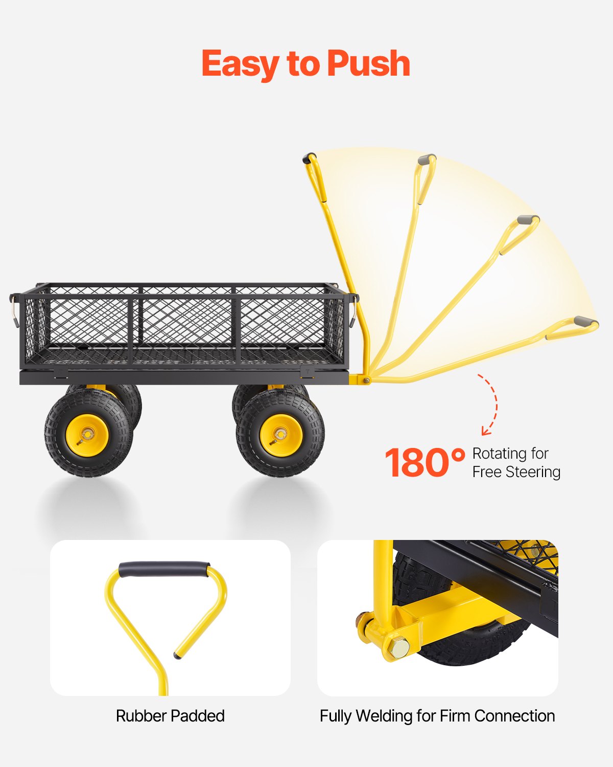 VEVOR Carrito Resistente de Jardín de Acero de 1840 x 560 x 535 mm con Neumáticos de 10", Laterales de Malla Extraíbles y Manija Giratoria de 180°, Capacidad de Carga de 408,23 kg, Amarillo y Negro
