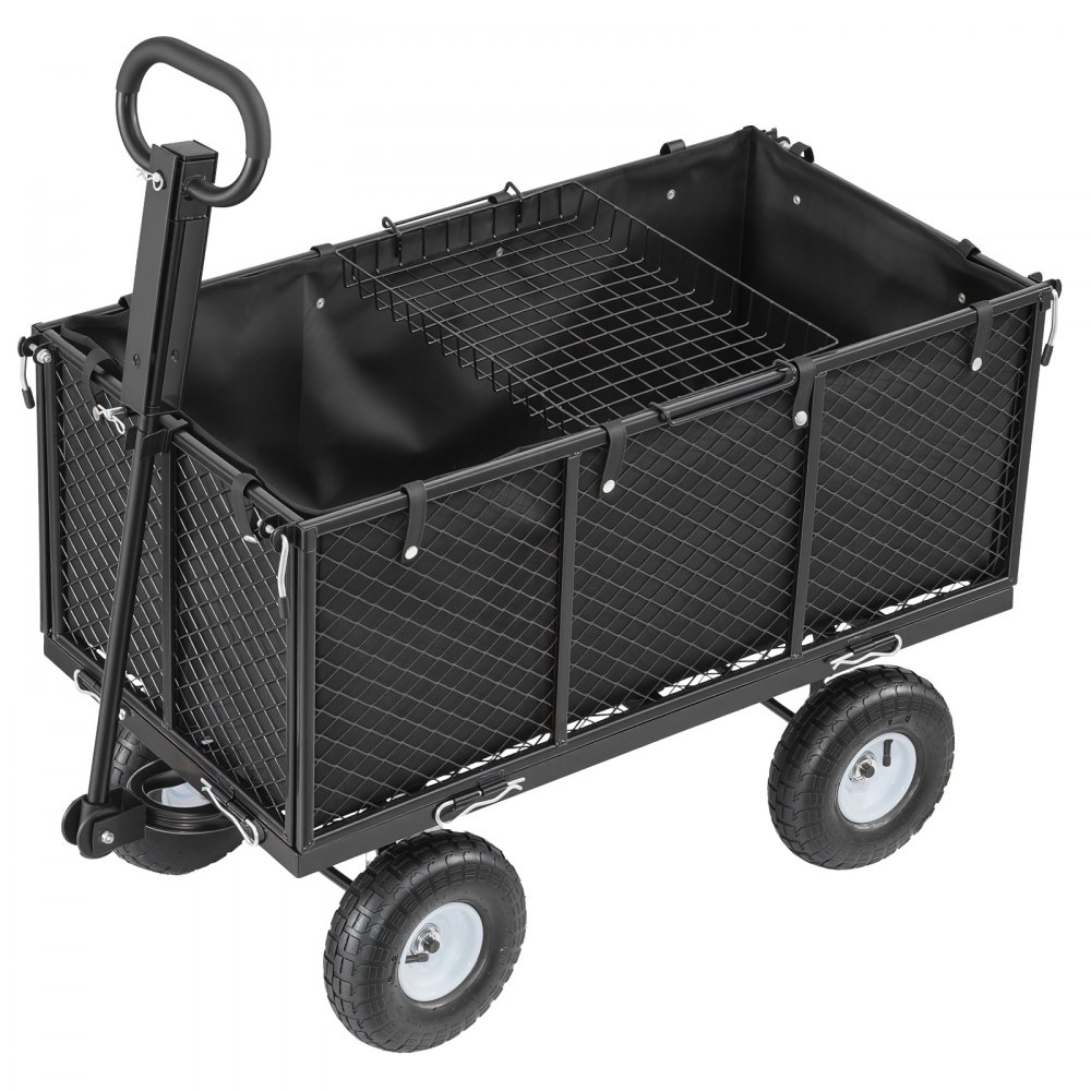 VEVOR Carro de Jardín con Ruedas, Carro de Mano Capacidad Máxima 544 kg, Acero Reforzado con Neumáticos, Asa Ajustable, Paneles Laterales Desmontables para Exterior Transporte de Carga Pesada, Negro