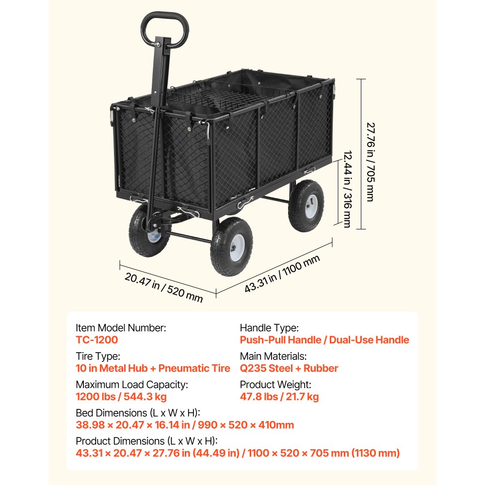 VEVOR Carro de Jardín con Ruedas, Carro de Mano Capacidad Máxima 544 kg, Acero Reforzado con Neumáticos, Asa Ajustable, Paneles Laterales Desmontables para Exterior Transporte de Carga Pesada, Negro