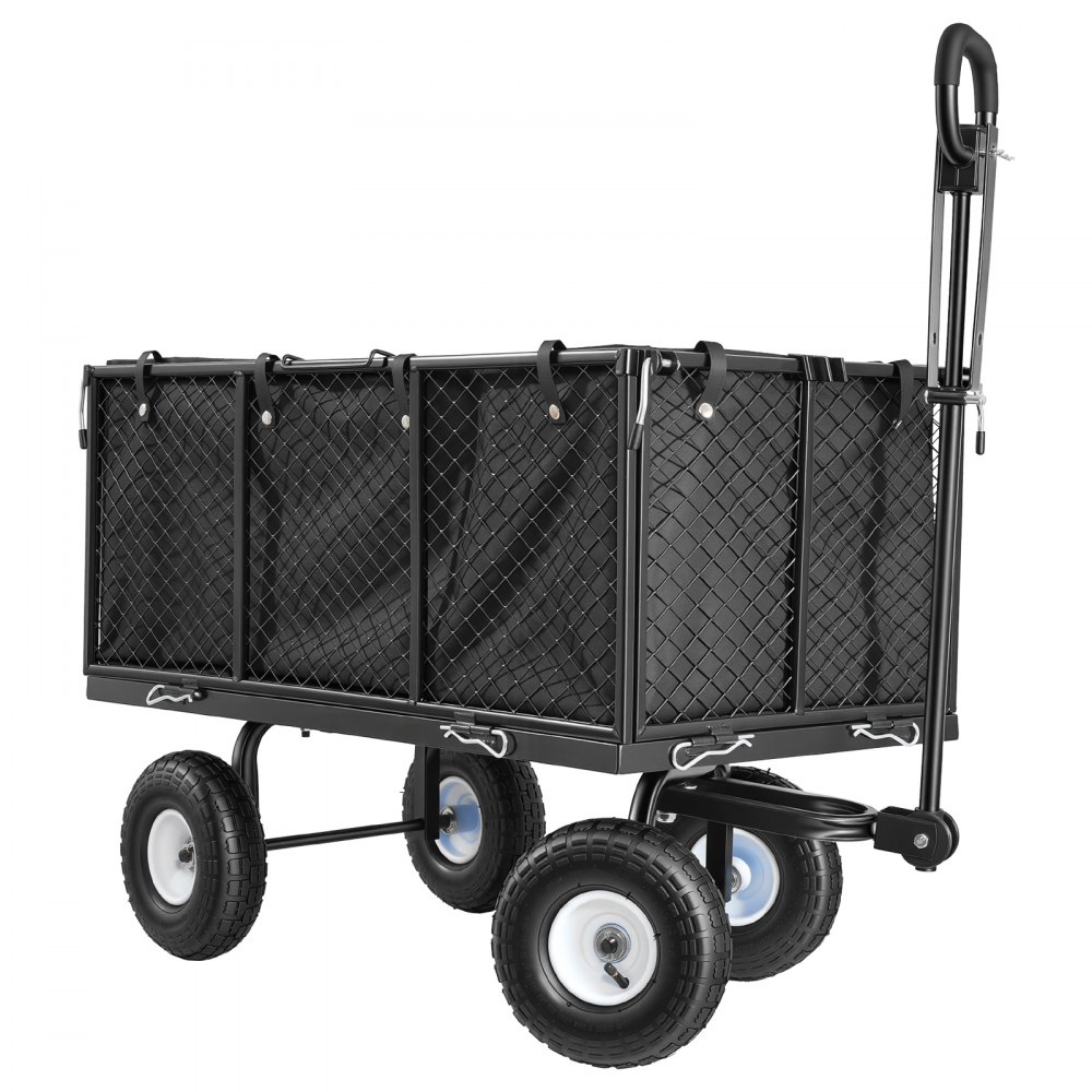 VEVOR Carro de Jardín con Ruedas, Carro de Mano Capacidad Máxima 544 kg, Acero Reforzado con Neumáticos, Asa Ajustable, Paneles Laterales Desmontables para Exterior Transporte de Carga Pesada, Negro