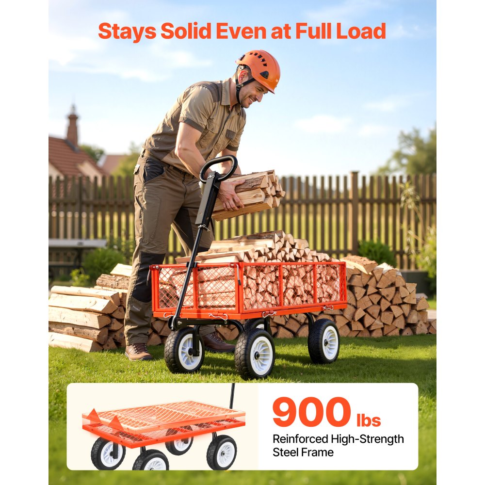 VEVOR Carro de Jardín con Ruedas, Carro de Mano Capacidad Máxima 408 kg, Acero Reforzado con Neumáticos, Paneles Laterales Desmontables, Asa Ajustable para Transporte de Carga Pesada Exterior, Rojo