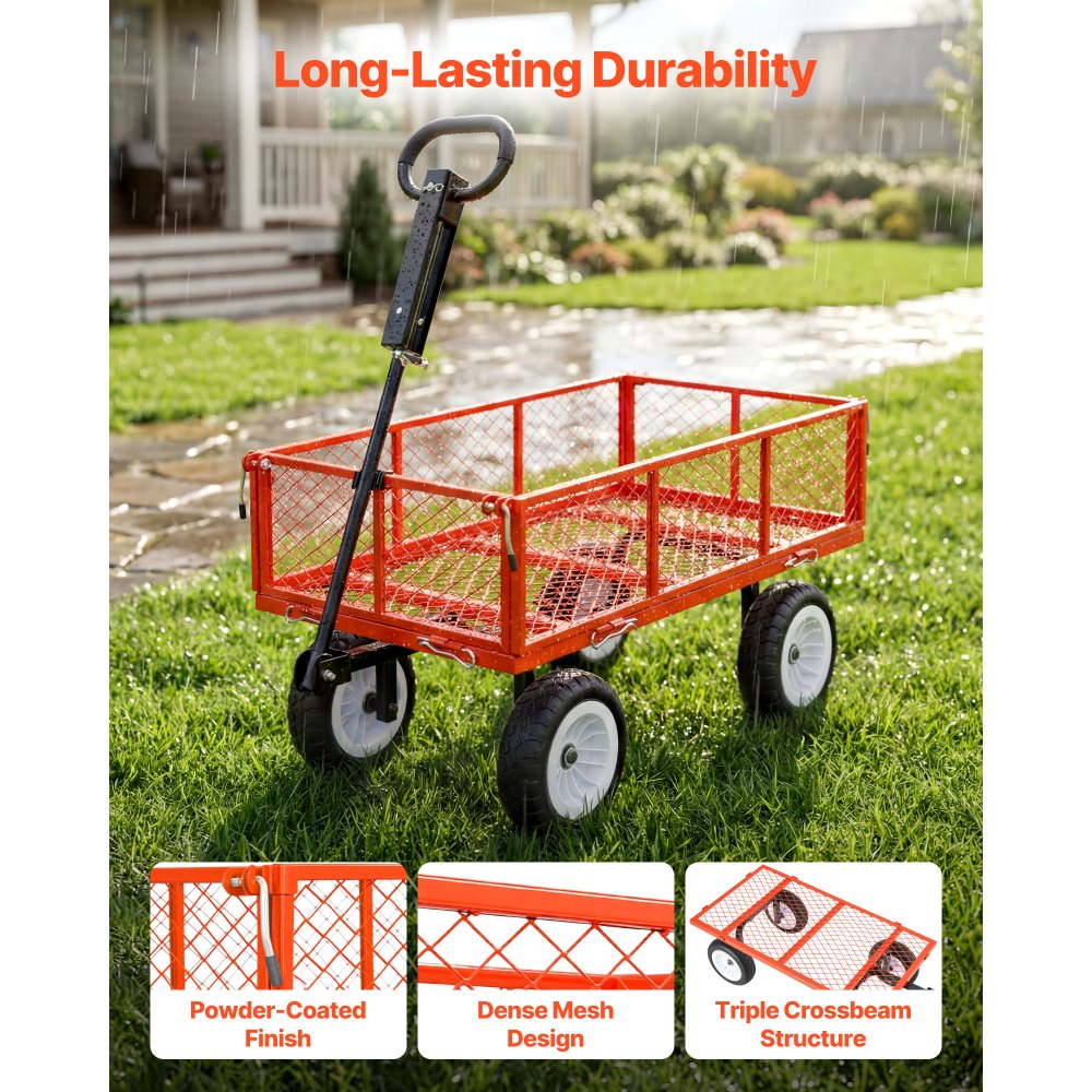 VEVOR Carro de Jardín con Ruedas, Carro de Mano Capacidad Máxima 408 kg, Acero Reforzado con Neumáticos, Paneles Laterales Desmontables, Asa Ajustable para Transporte de Carga Pesada Exterior, Rojo