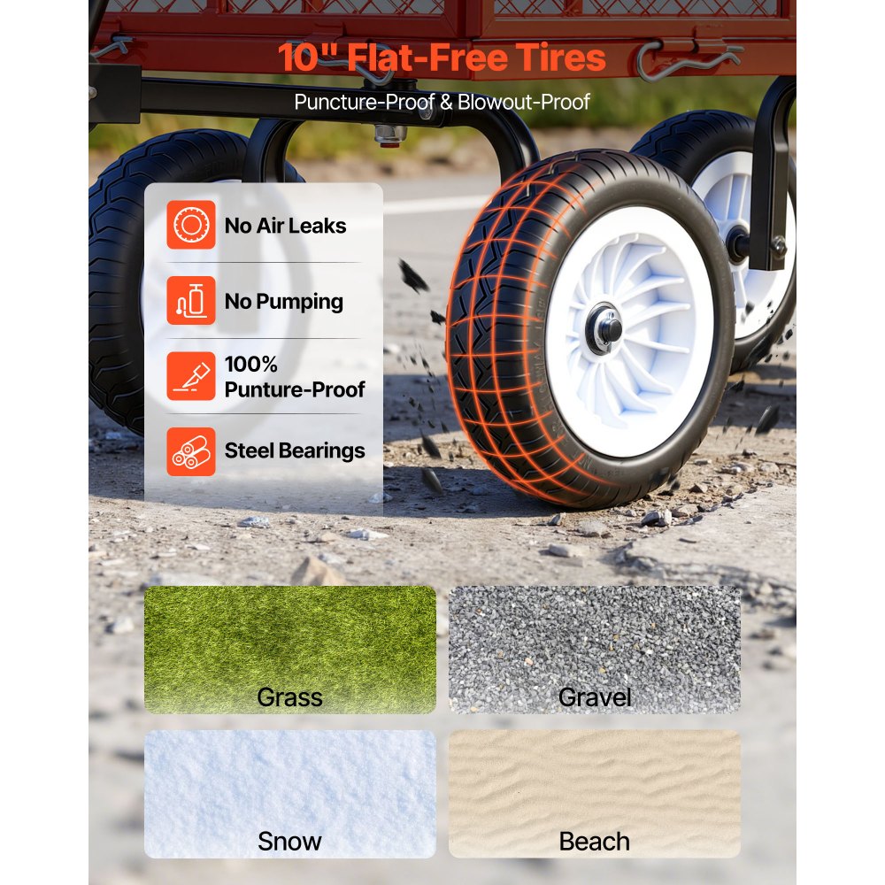 VEVOR Carro de Jardín con Ruedas, Carro de Mano Capacidad Máxima 408 kg, Acero Reforzado con Neumáticos, Paneles Laterales Desmontables, Asa Ajustable para Transporte de Carga Pesada Exterior, Rojo