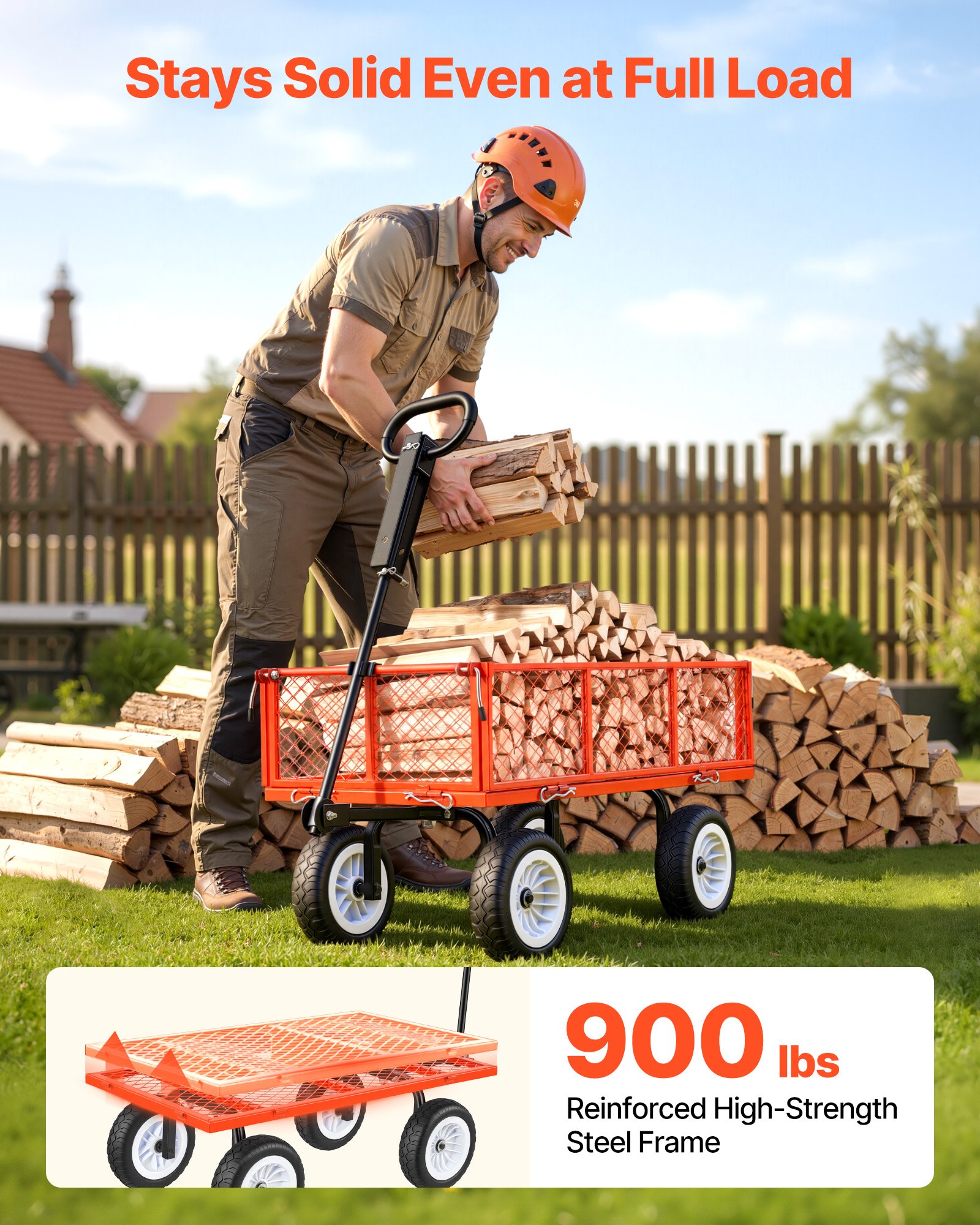 VEVOR Carro de Jardín con Ruedas, Carro de Mano Capacidad Máxima 408 kg, Acero Reforzado con Neumáticos, Paneles Laterales Desmontables, Asa Ajustable para Transporte de Carga Pesada Exterior, Rojo