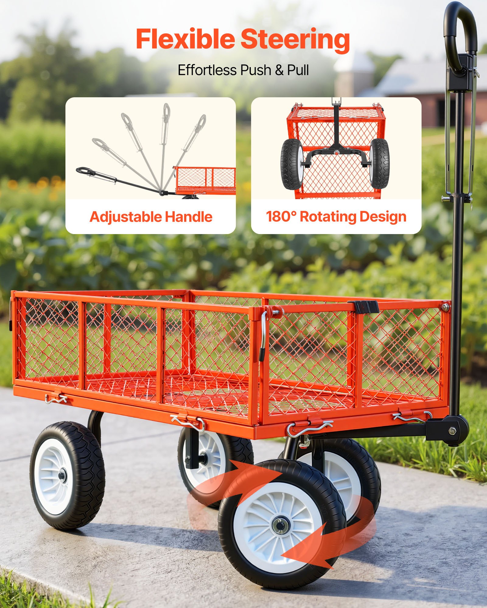 VEVOR Carro de Jardín con Ruedas, Carro de Mano Capacidad Máxima 408 kg, Acero Reforzado con Neumáticos, Paneles Laterales Desmontables, Asa Ajustable para Transporte de Carga Pesada Exterior, Rojo
