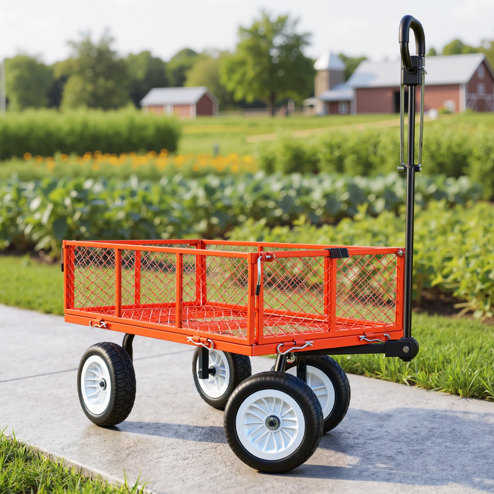 VEVOR Carro de Jardín con Ruedas, Carro de Mano Capacidad Máxima 408 kg, Acero Reforzado con Neumáticos, Paneles Laterales Desmontables, Asa Ajustable para Transporte de Carga Pesada Exterior, Rojo