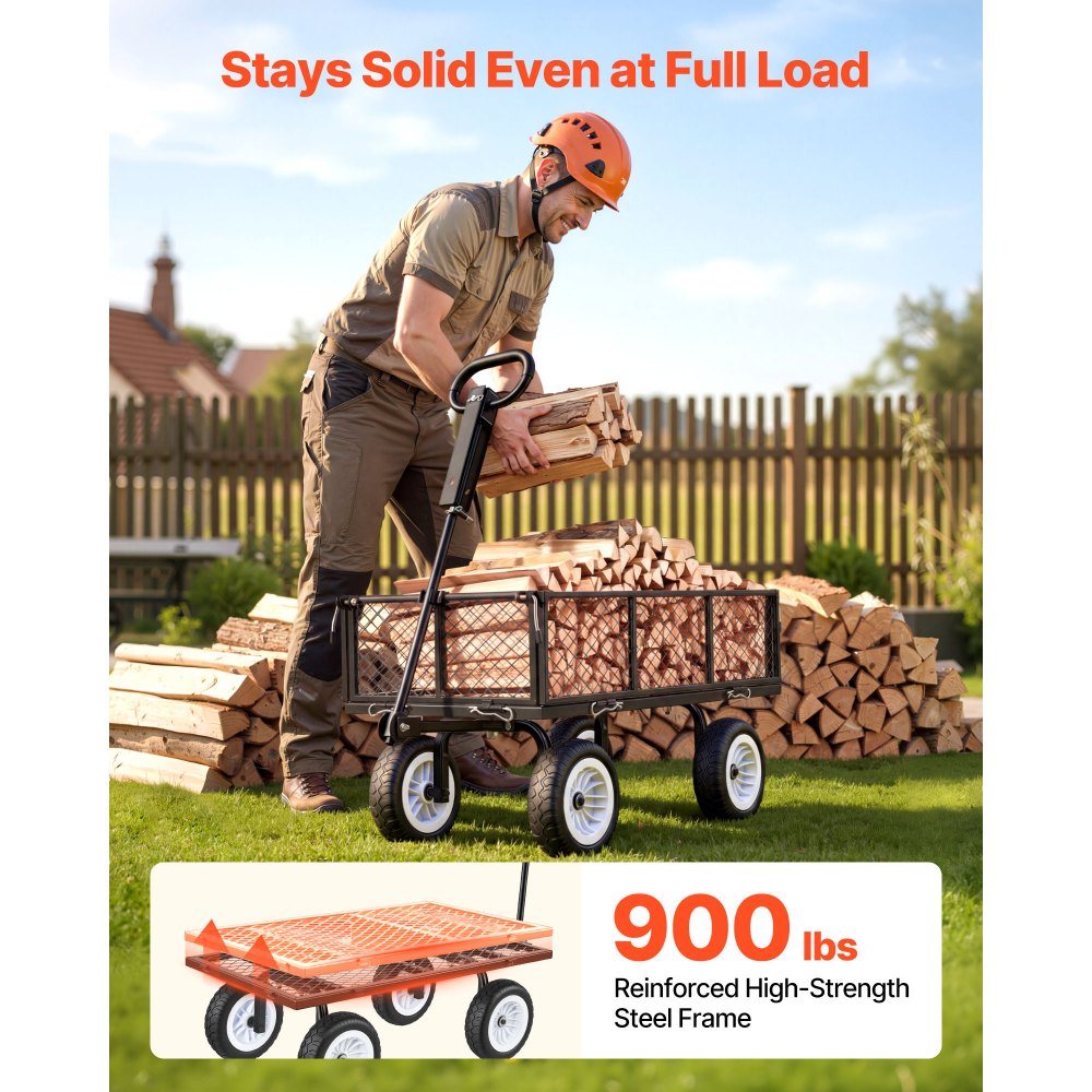 VEVOR Carro de Jardín con Ruedas, Carro de Mano Capacidad Máxima 408 kg, Acero Reforzado con Asa Ajustable, Neumáticos, Paneles Laterales Desmontables para Exterior Transporte de Carga Pesada, Negro