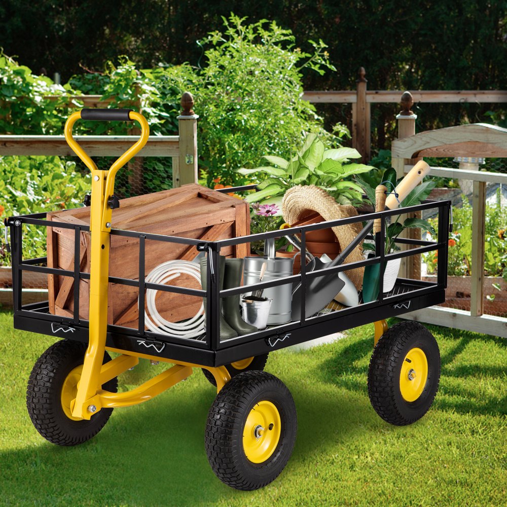 VEVOR Carro de Jardín de Acero Carretilla de Transporte Carga Máxima de 635 kg Carro de Jardín con Ruedas de Caucho Carro Utilitario para Jardín Malla de Hierro 112x75x27,8 cm Negro para Césped Playa
