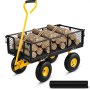 Carro de jardín de acero VEVOR con ruedas amarillas que transporta troncos apilados, presenta un diseño de malla y asa.
