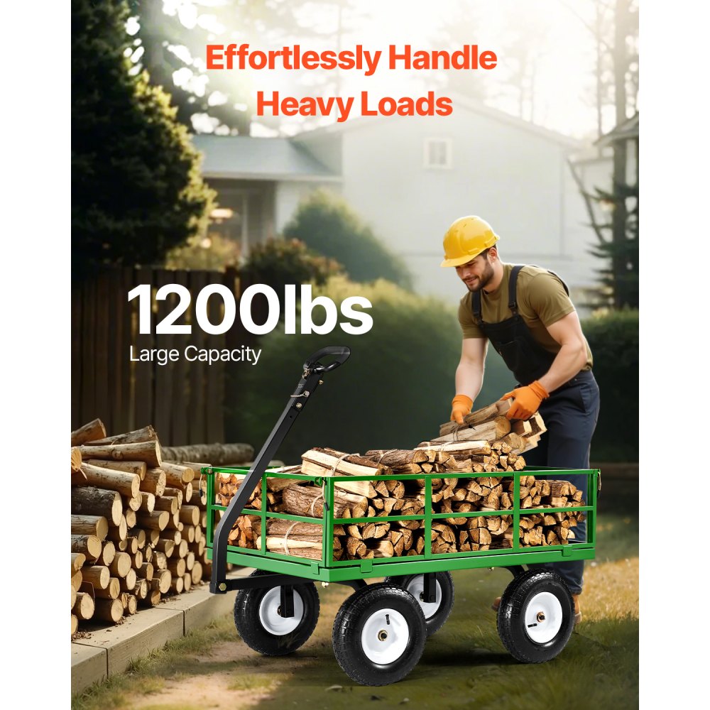 VEVOR 2 en 1 Carrito Resistente de Jardín de Acero de 2125 x 750 x 670 mm con Neumáticos Todoterreno de 13", Laterales de Malla Extraíbles y Manija Giratoria de 180°,  Carga de 544,31 kg, Verde