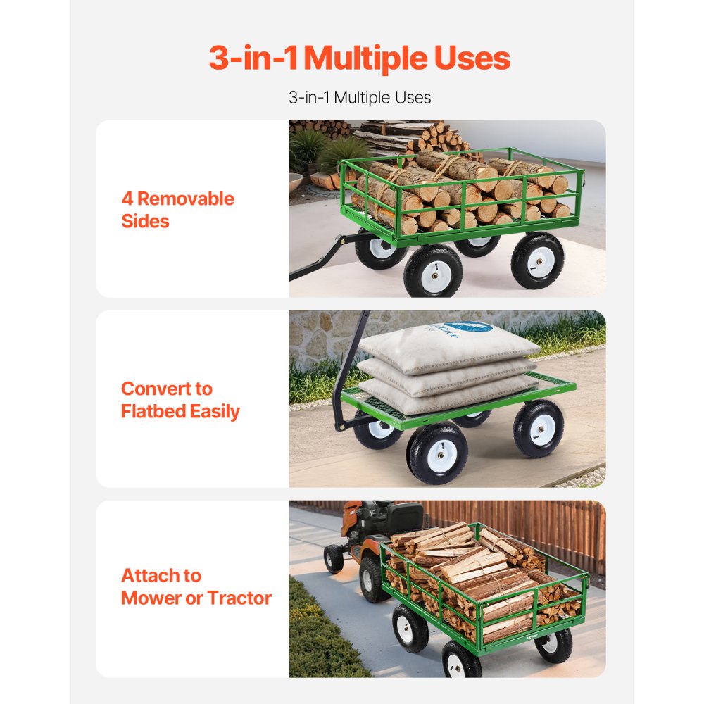 VEVOR 2 en 1 Carrito Resistente de Jardín de Acero de 2125 x 750 x 670 mm con Neumáticos Todoterreno de 13", Laterales de Malla Extraíbles y Manija Giratoria de 180°,  Carga de 544,31 kg, Verde