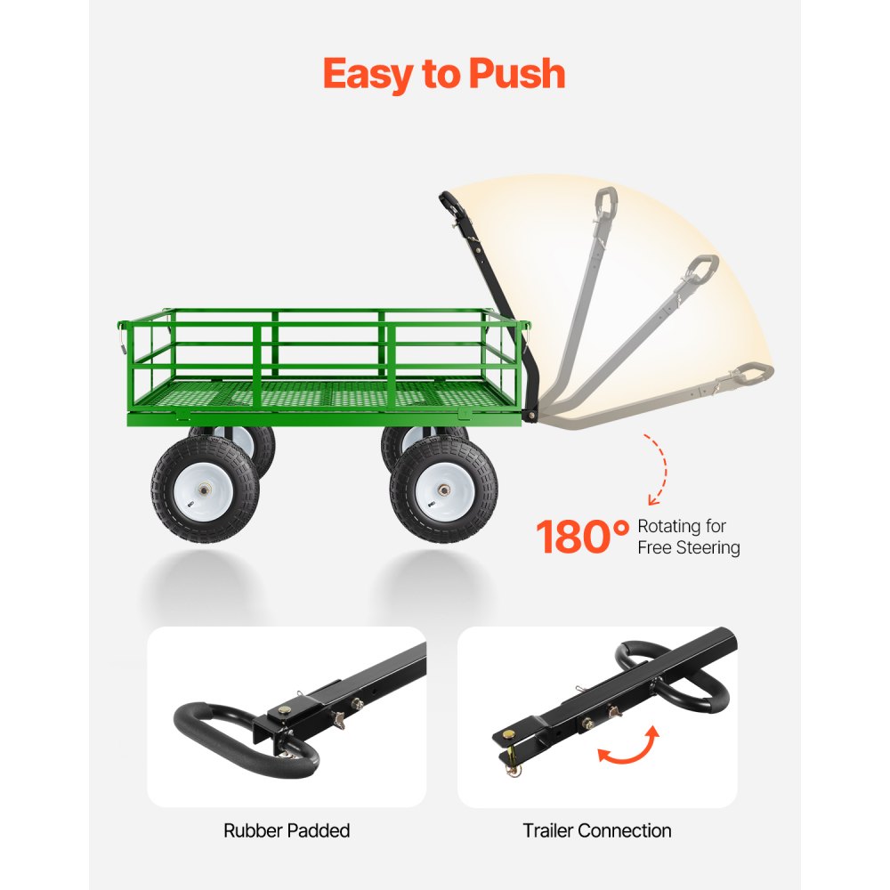 VEVOR 2 en 1 Carrito Resistente de Jardín de Acero de 2125 x 750 x 670 mm con Neumáticos Todoterreno de 13", Laterales de Malla Extraíbles y Manija Giratoria de 180°,  Carga de 544,31 kg, Verde