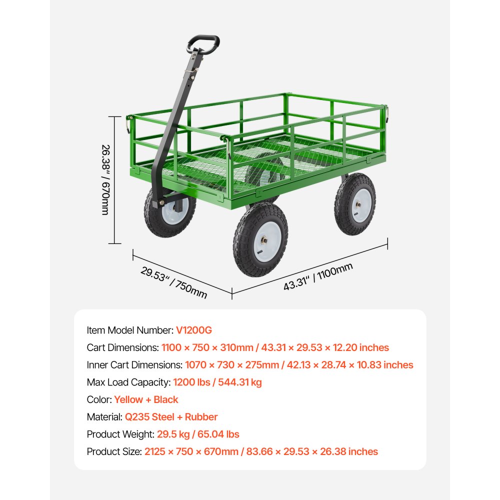 VEVOR 2 en 1 Carrito Resistente de Jardín de Acero de 2125 x 750 x 670 mm con Neumáticos Todoterreno de 13", Laterales de Malla Extraíbles y Manija Giratoria de 180°,  Carga de 544,31 kg, Verde