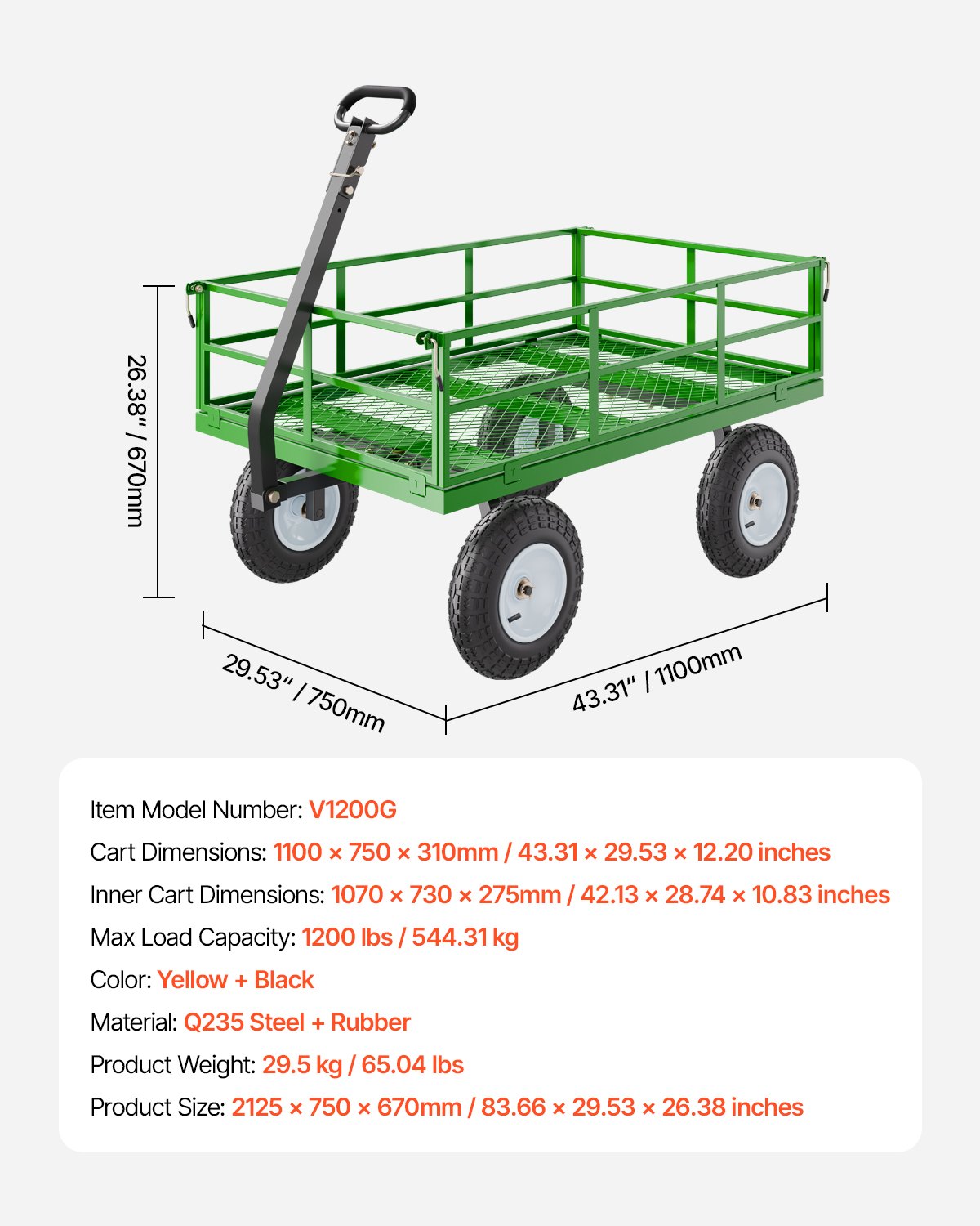 VEVOR 2 en 1 Carrito Resistente de Jardín de Acero de 2125 x 750 x 670 mm con Neumáticos Todoterreno de 13", Laterales de Malla Extraíbles y Manija Giratoria de 180°,  Carga de 544,31 kg, Verde