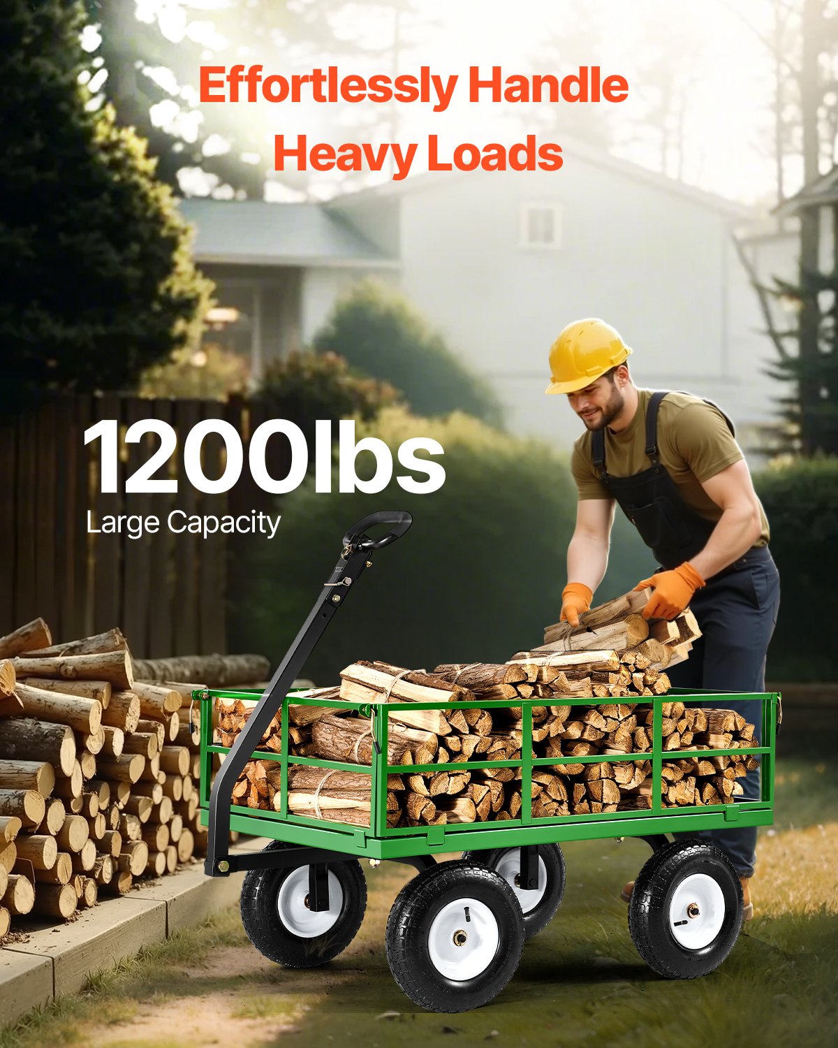 VEVOR 2 en 1 Carrito Resistente de Jardín de Acero de 2125 x 750 x 670 mm con Neumáticos Todoterreno de 13", Laterales de Malla Extraíbles y Manija Giratoria de 180°,  Carga de 544,31 kg, Verde