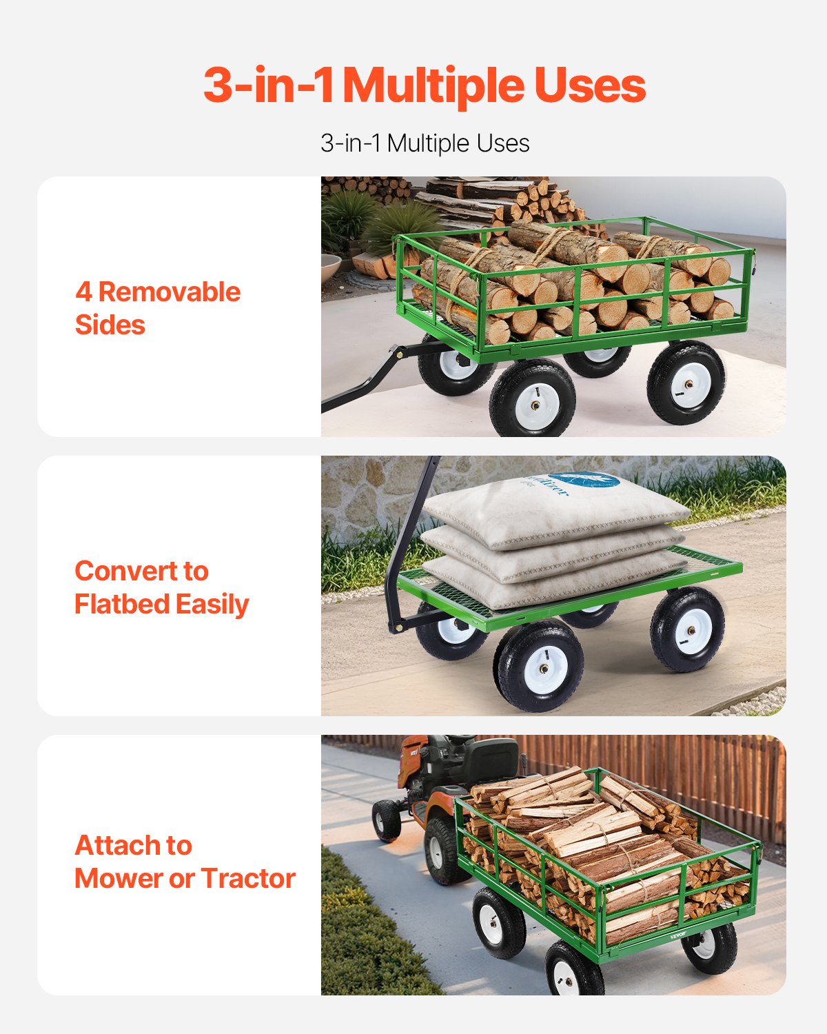 VEVOR 2 en 1 Carrito Resistente de Jardín de Acero de 2125 x 750 x 670 mm con Neumáticos Todoterreno de 13", Laterales de Malla Extraíbles y Manija Giratoria de 180°,  Carga de 544,31 kg, Verde