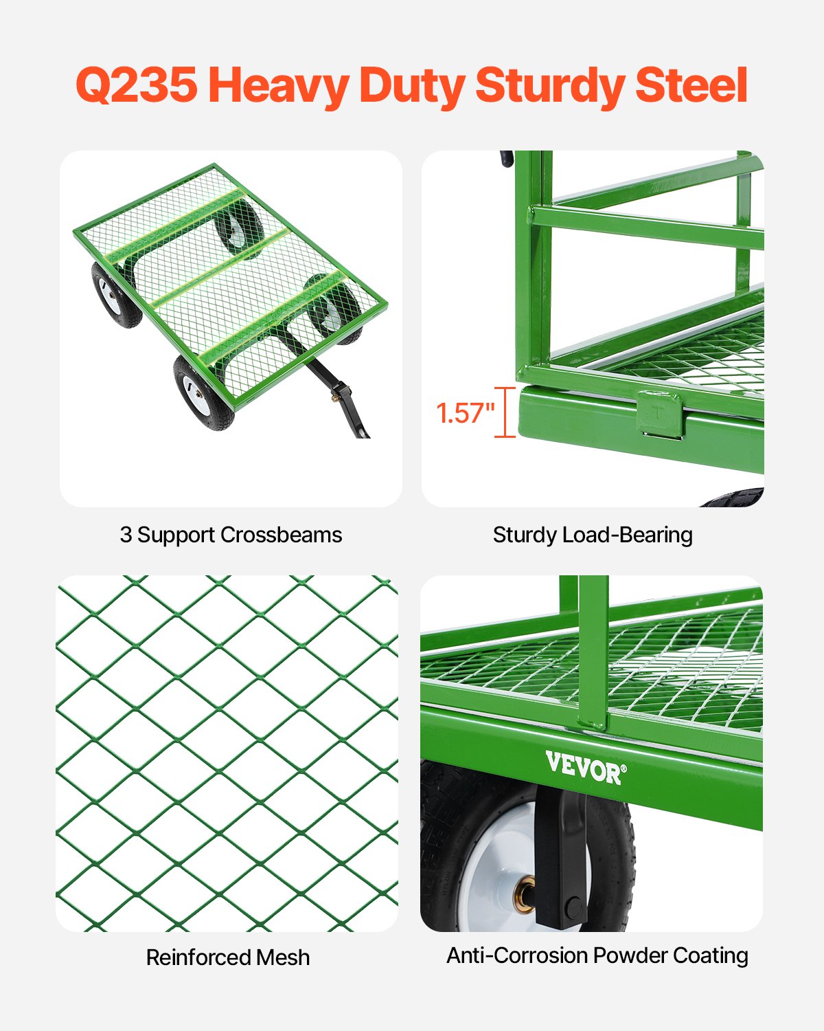 VEVOR 2 en 1 Carrito Resistente de Jardín de Acero de 2125 x 750 x 670 mm con Neumáticos Todoterreno de 13", Laterales de Malla Extraíbles y Manija Giratoria de 180°,  Carga de 544,31 kg, Verde
