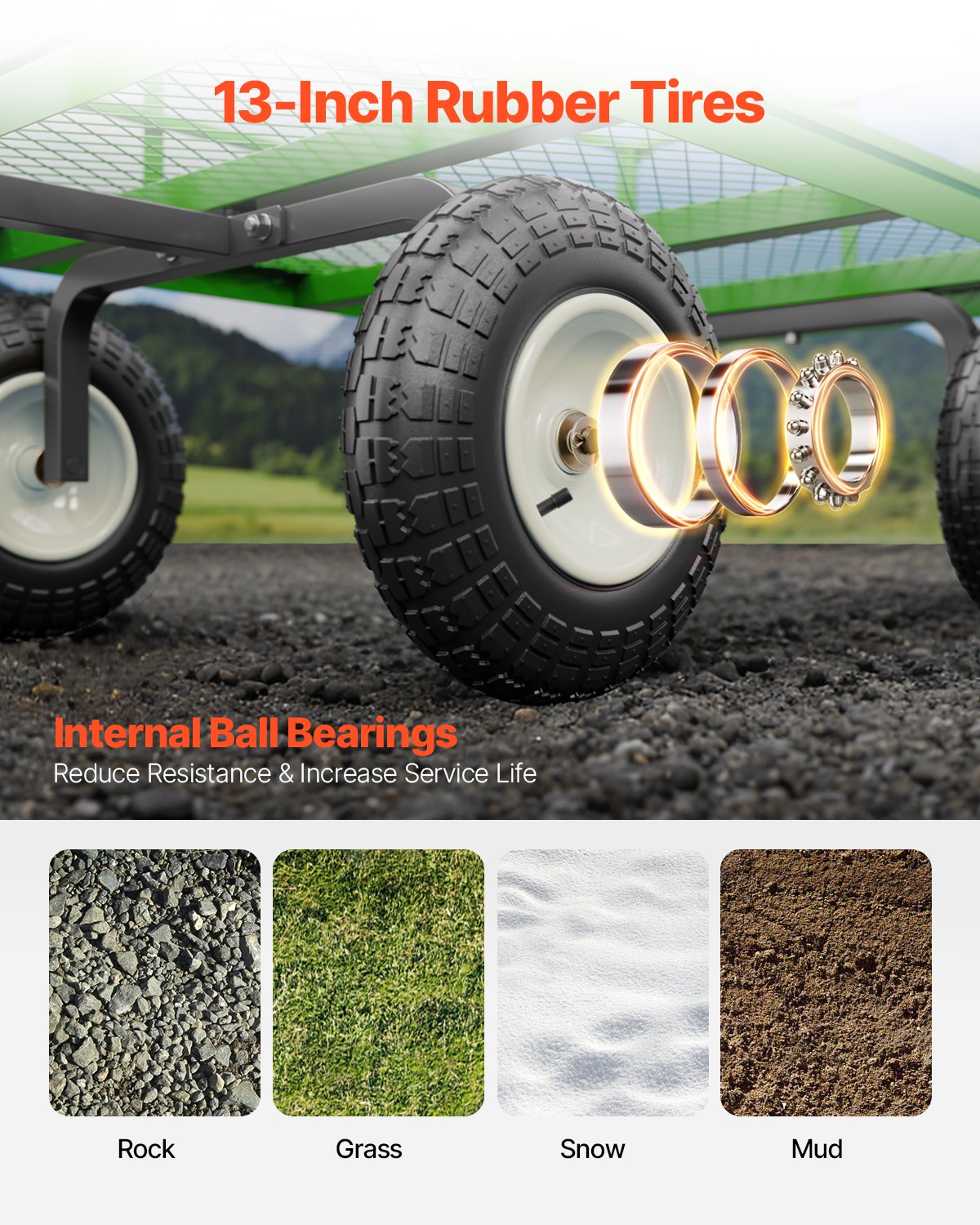 VEVOR 2 en 1 Carrito Resistente de Jardín de Acero de 2125 x 750 x 670 mm con Neumáticos Todoterreno de 13", Laterales de Malla Extraíbles y Manija Giratoria de 180°,  Carga de 544,31 kg, Verde
