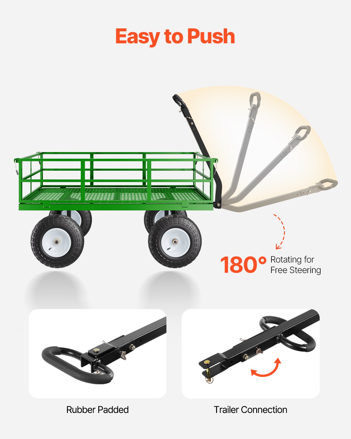 VEVOR 2 en 1 Carrito Resistente de Jardín de Acero de 2125 x 750 x 670 mm con Neumáticos Todoterreno de 13", Laterales de Malla Extraíbles y Manija Giratoria de 180°,  Carga de 544,31 kg, Verde