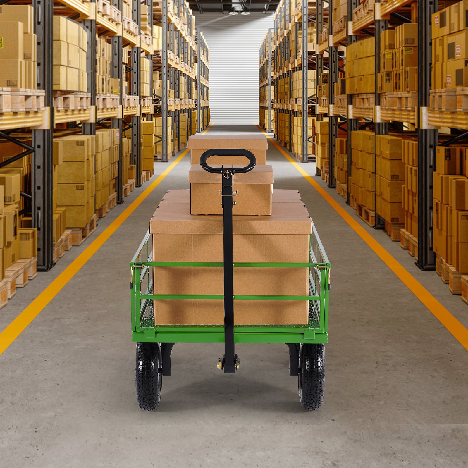 VEVOR 2 en 1 Carrito Resistente de Jardín de Acero de 2125 x 750 x 670 mm con Neumáticos Todoterreno de 13", Laterales de Malla Extraíbles y Manija Giratoria de 180°,  Carga de 544,31 kg, Verde
