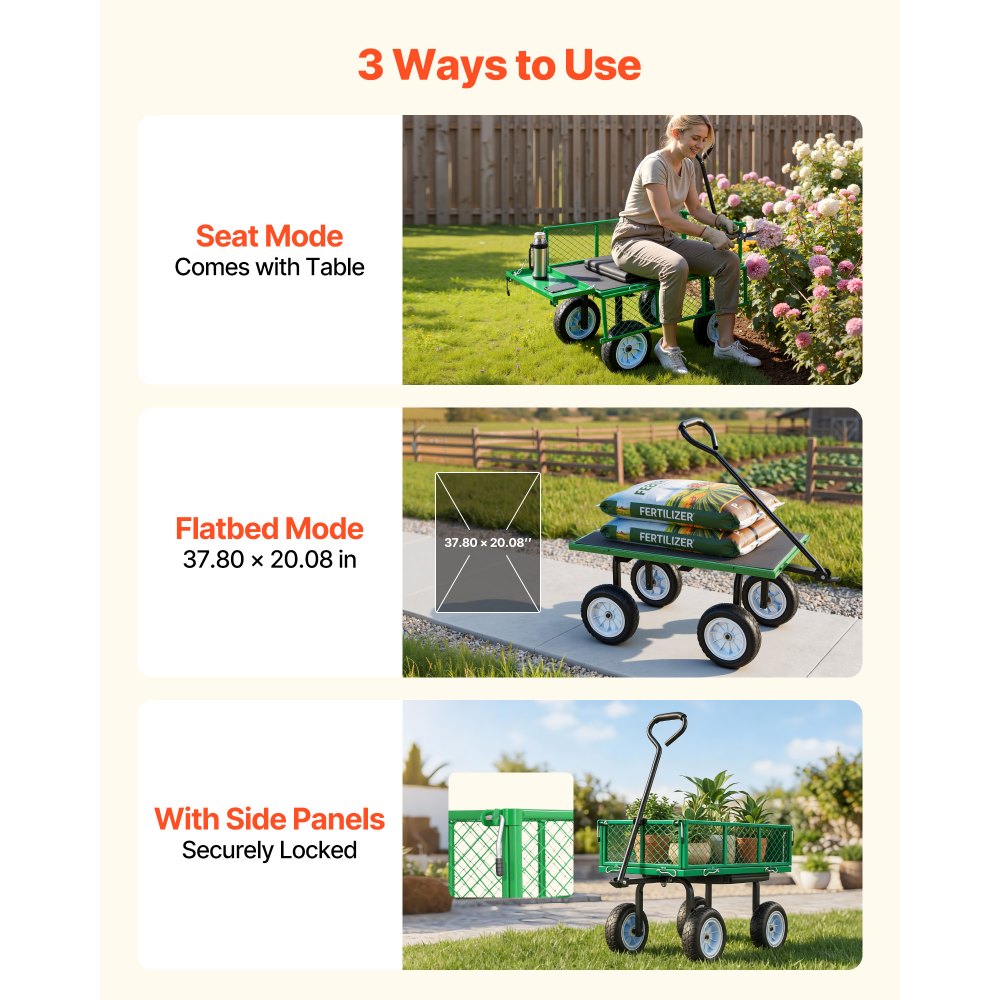 VEVOR Carro de Jardín con Ruedas, Carro de Mano Capacidad Máxima 226 kg, Acero Reforzado con Neumáticos, Asiento, Asa Ajustable, Paneles Desmontables para Transporte de Carga Pesada Exterior, Verde