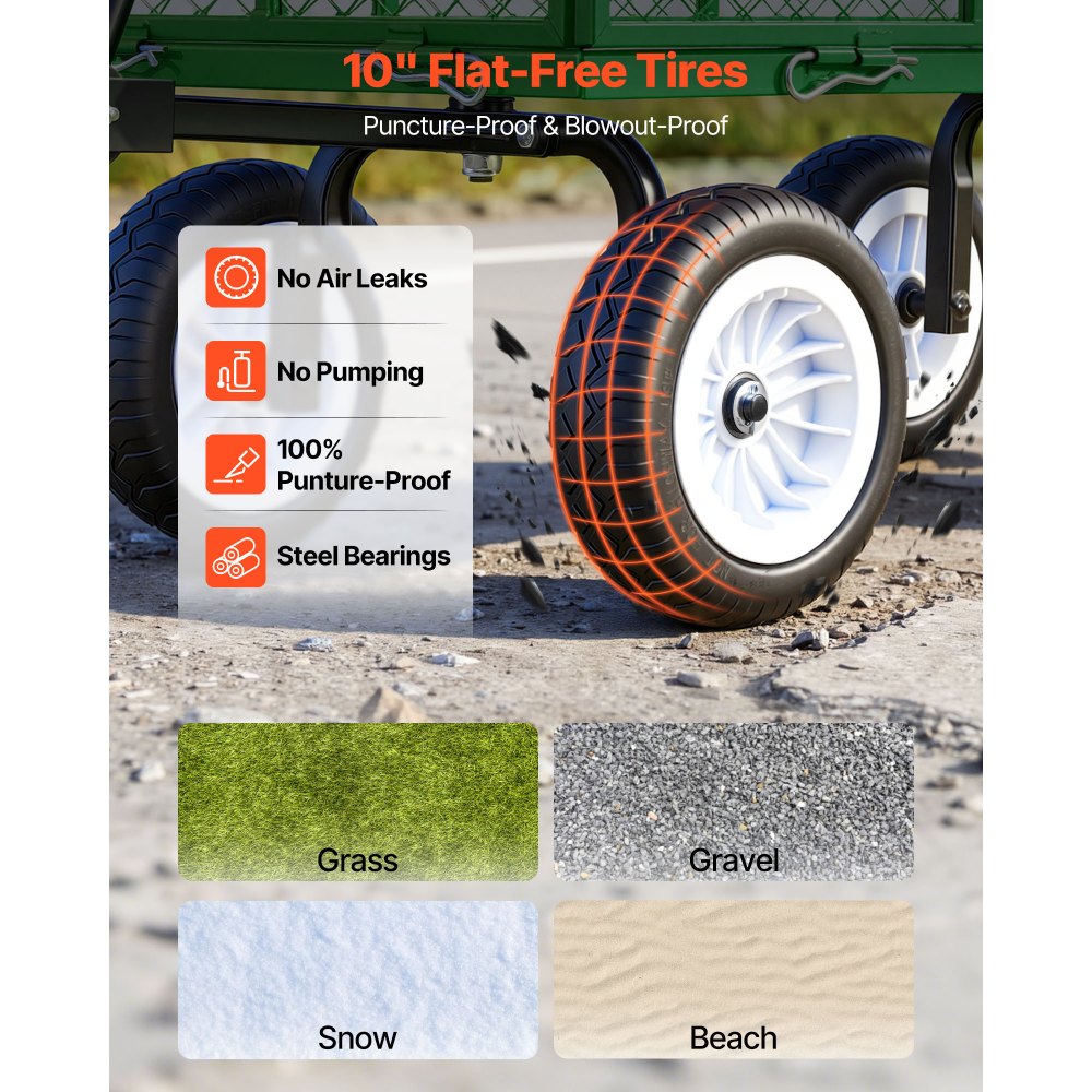 VEVOR Carro de Jardín con Ruedas, Carro de Mano Capacidad Máxima 408 kg, Acero Reforzado con Neumáticos, Asa Ajustable, Paneles Laterales Desmontables para Exterior Transporte de Carga Pesada, Verde