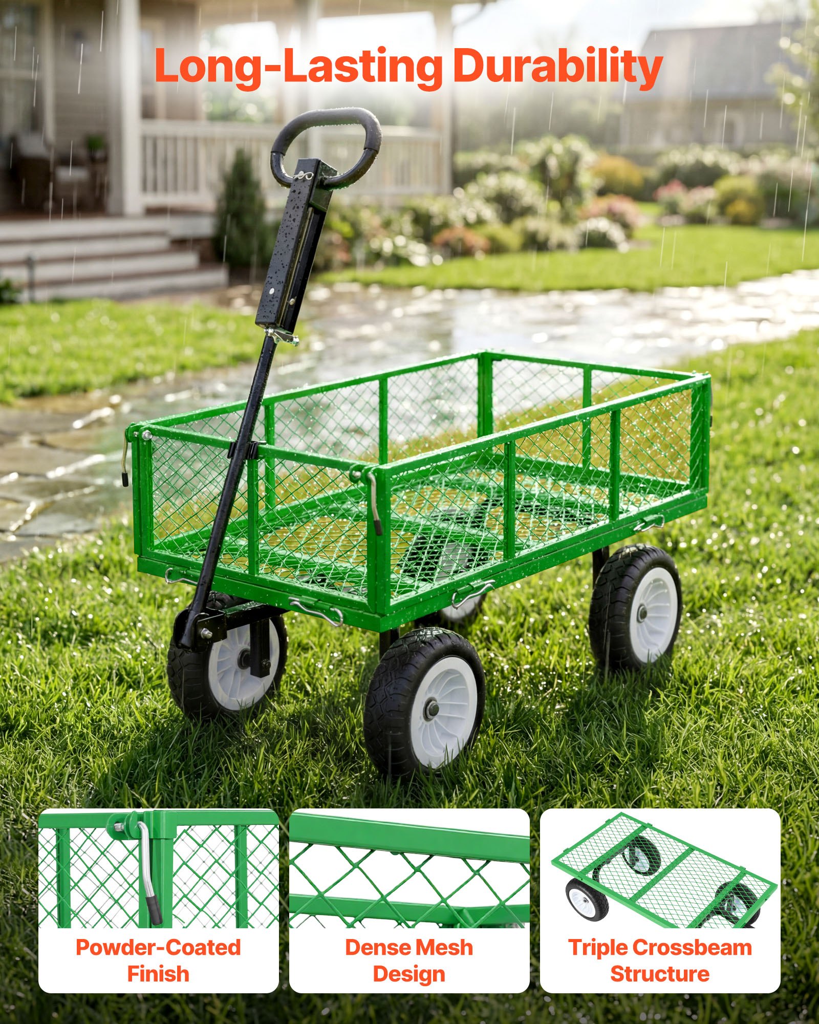 VEVOR Carro de Jardín con Ruedas, Carro de Mano Capacidad Máxima 408 kg, Acero Reforzado con Neumáticos, Asa Ajustable, Paneles Laterales Desmontables para Exterior Transporte de Carga Pesada, Verde