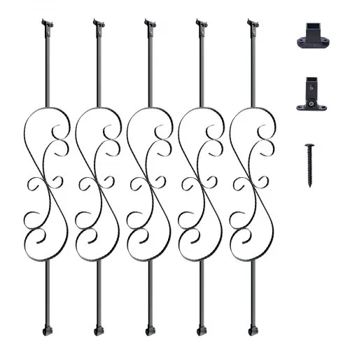 VEVOR Balaustres de Metal para Escaleras Barras Decorativas de Barandilla de 1122 mm de Acero Galvanizado 5 Balaustres de S con Zapatas y Tornillos para Barandilla de Escalera de Caracol Hueco, Negro