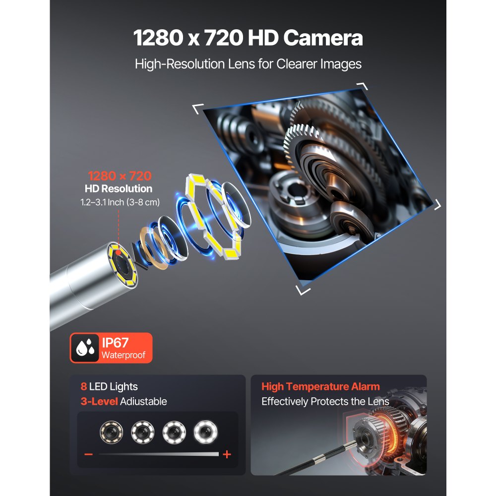VEVOR Endoscopio Cámara de Inspección Articulado 180°, Cámara Inspección de Tuberías con Pantalla IPS, Sonda de 6,2 mm, Cable de 1,5 m, 8 Luces LED, 32 GB, Zoom 8X para Motores HVAC Espacios Reducidos