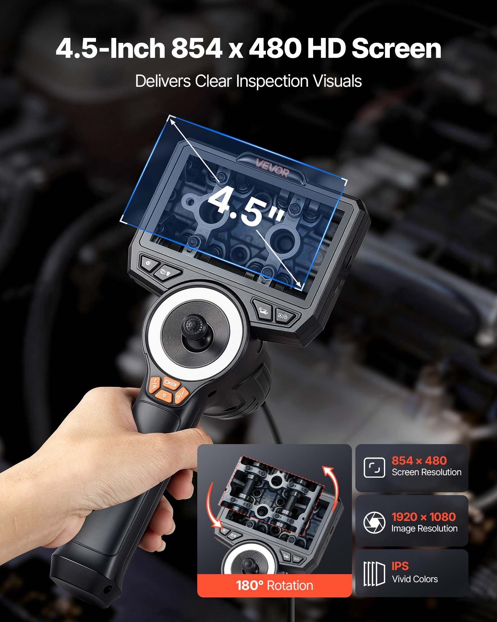 VEVOR Endoscopio Cámara de Inspección de 360° Articulado en 4 Direcciones con Pantalla IPS, Luces LED, Sonda de 3,9 mm, 32 GB, Cable de 1,5 m, Zoom Multinivel, 3000 mAh, para Fontanería y Automoción