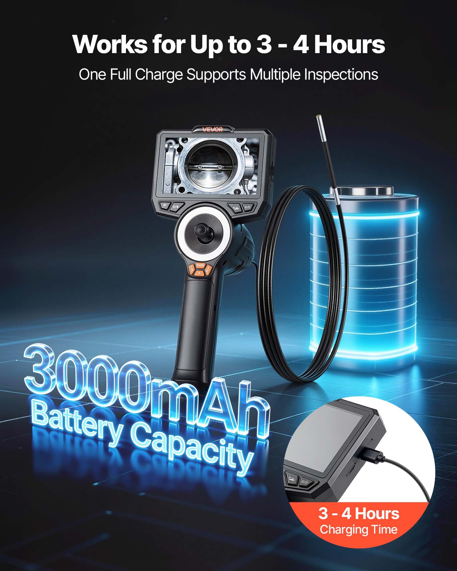 VEVOR Endoscopio Cámara de Inspección de 360° Articulado en 4 Direcciones con Pantalla IPS, Luces LED, Sonda de 3,9 mm, 32 GB, Cable de 1,5 m, Zoom Multinivel, 3000 mAh, para Fontanería y Automoción