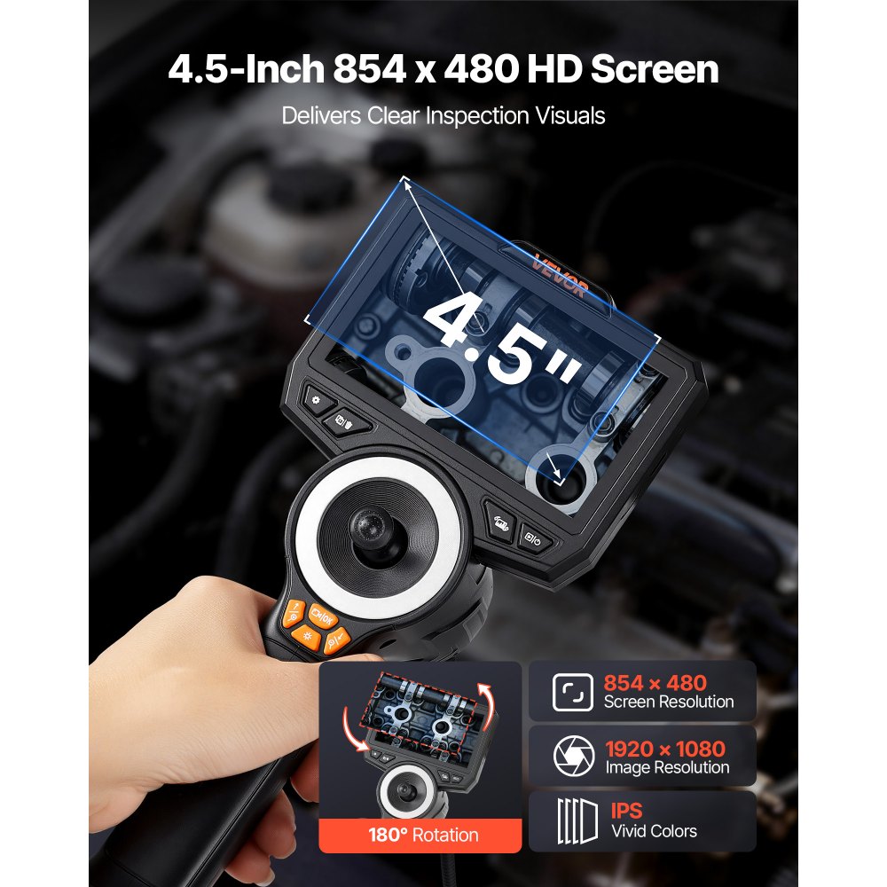 VEVOR Endoscopio Cámara de Inspección de 360° Articulado en 4 Direcciones con Pantalla IPS, Cable de 1,5 m, Sonda de 6,2 mm, 32 GB, 3000 mAh, Luces LED, Zoom Multinivel, para Fontanería y Automoción