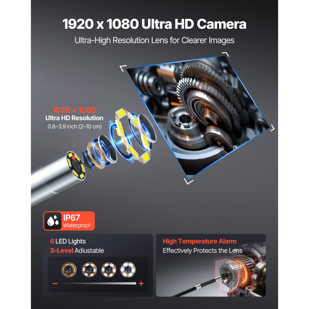 VEVOR Endoscopio Cámara de Inspección de 360° Articulado en 4 Direcciones con Pantalla IPS, Cable de 1,5 m, Sonda de 6,2 mm, 32 GB, 3000 mAh, Luces LED, Zoom Multinivel, para Fontanería y Automoción
