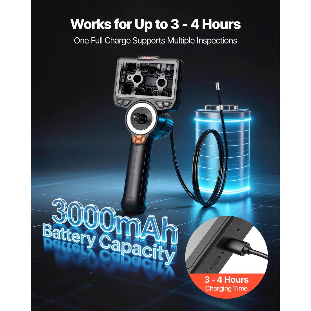 VEVOR Endoscopio Cámara de Inspección de 360° Articulado en 4 Direcciones con Pantalla IPS, Cable de 1,5 m, Sonda de 6,2 mm, 32 GB, 3000 mAh, Luces LED, Zoom Multinivel, para Fontanería y Automoción