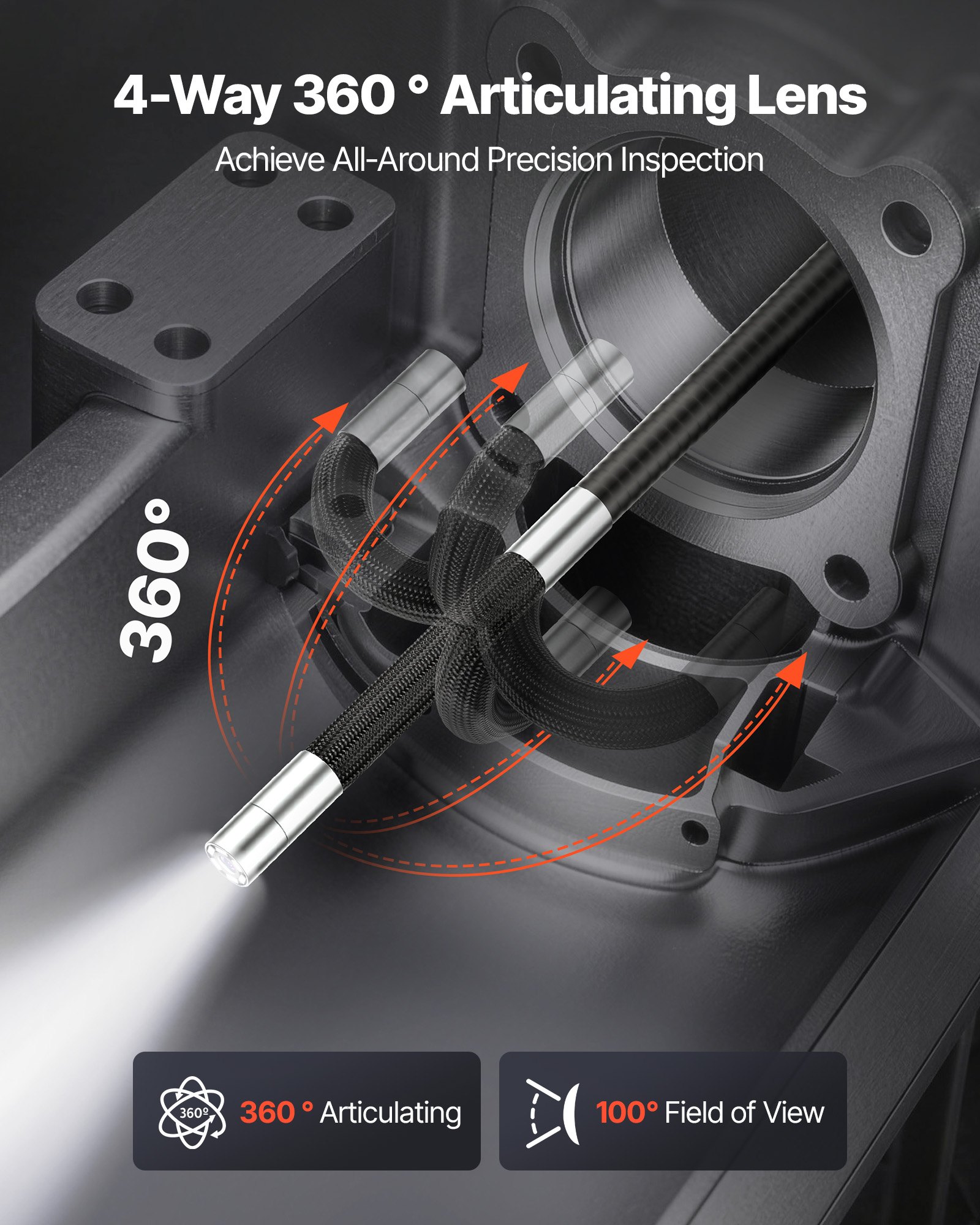 VEVOR Endoscopio Cámara de Inspección de 360° Articulado en 4 Direcciones con Pantalla IPS, Cable de 1,5 m, Sonda de 6,2 mm, 32 GB, 3000 mAh, Luces LED, Zoom Multinivel, para Fontanería y Automoción