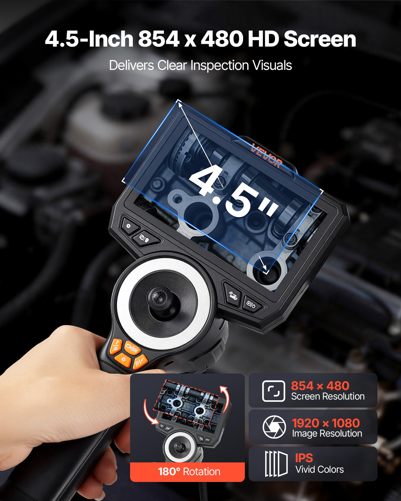 VEVOR Endoscopio Cámara de Inspección de 360° Articulado en 4 Direcciones con Pantalla IPS, Cable de 1,5 m, Sonda de 6,2 mm, 32 GB, 3000 mAh, Luces LED, Zoom Multinivel, para Fontanería y Automoción