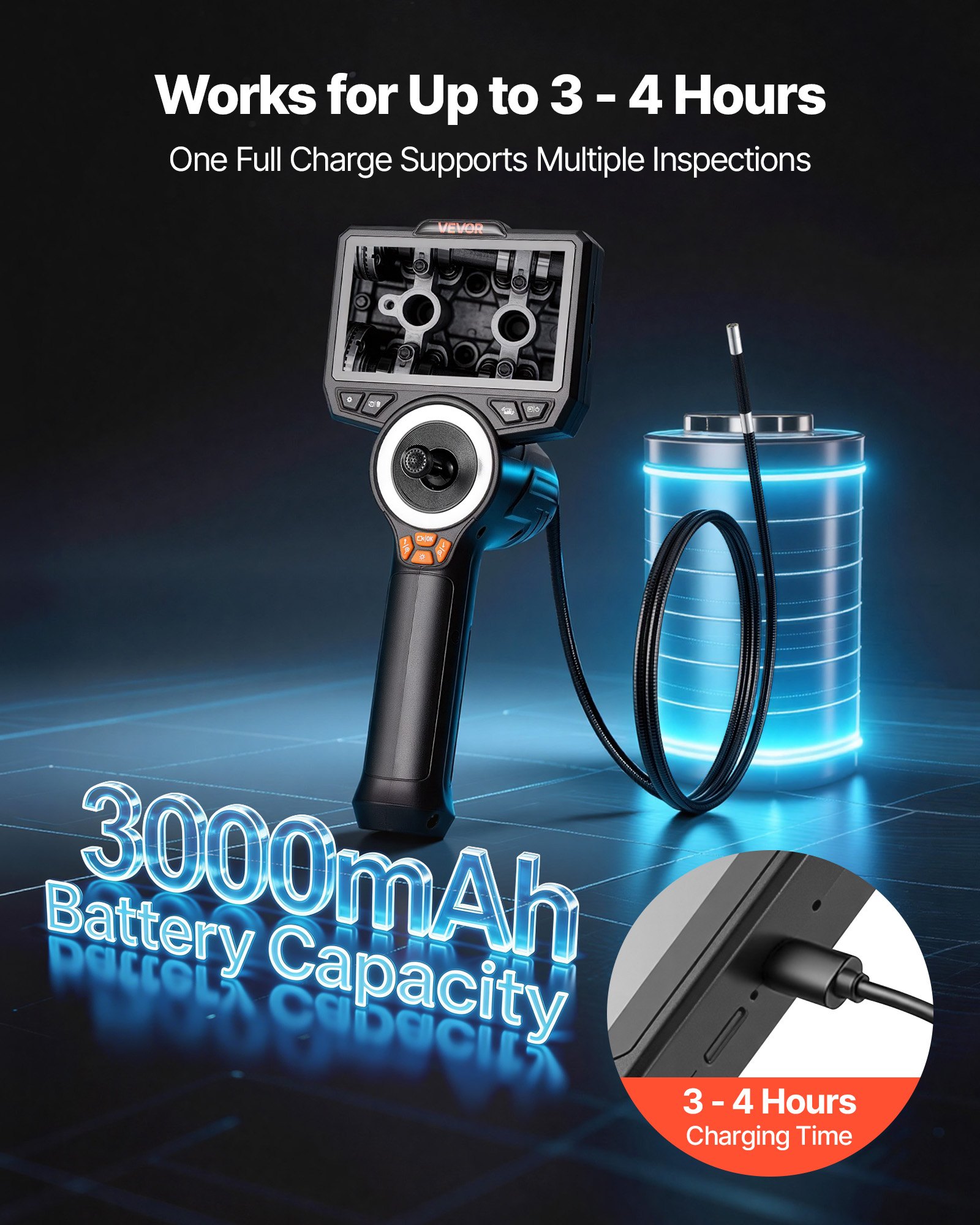 VEVOR Endoscopio Cámara de Inspección de 360° Articulado en 4 Direcciones con Pantalla IPS, Cable de 1,5 m, Sonda de 6,2 mm, 32 GB, 3000 mAh, Luces LED, Zoom Multinivel, para Fontanería y Automoción