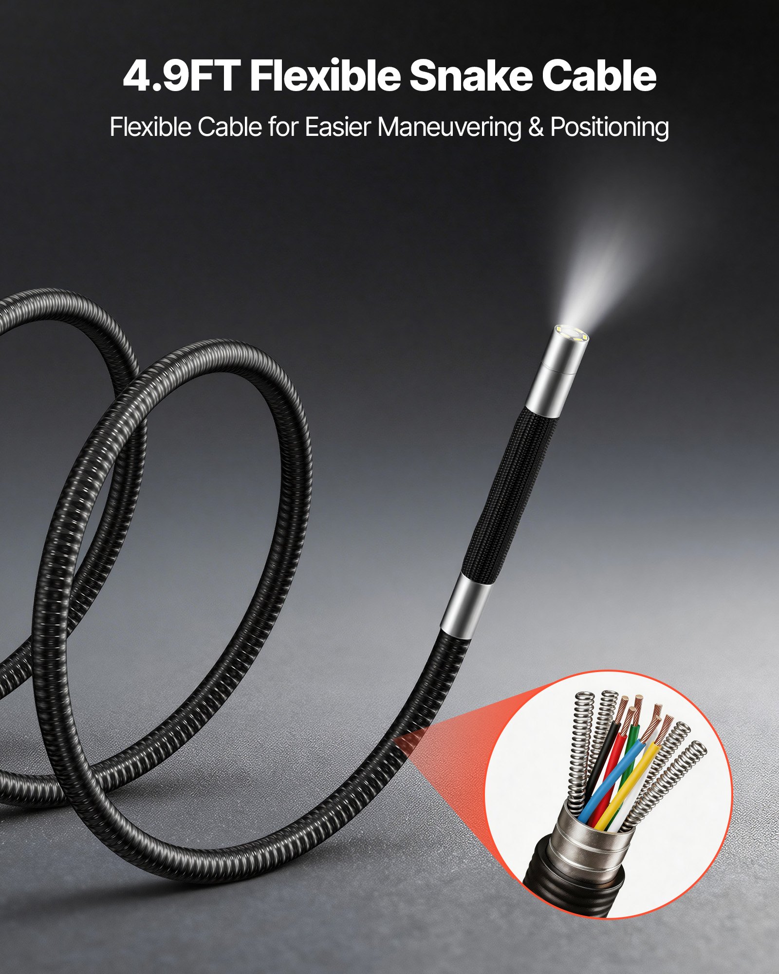 VEVOR Endoscopio Cámara de Inspección de 360° Articulado en 4 Direcciones con Pantalla IPS, Cable de 1,5 m, Sonda de 6,2 mm, 32 GB, 3000 mAh, Luces LED, Zoom Multinivel, para Fontanería y Automoción