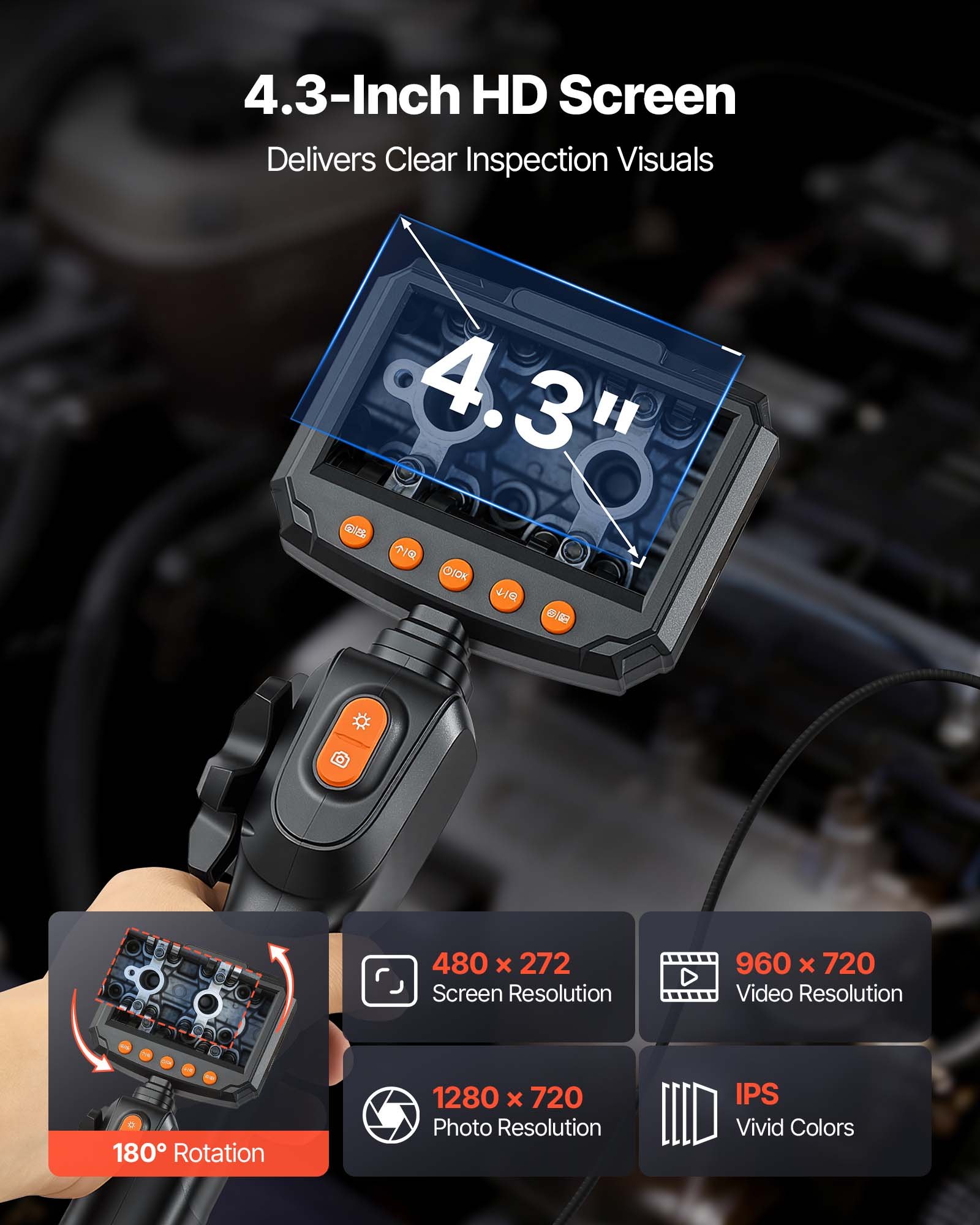 VEVOR Endoscopio Cámara de Inspección Articulado 180°, Cámara de Inspección de Tuberías con Sonda de 3,9 mm, Pantalla IPS, Cable de 1,5 m, Zoom Multinivel, 32 GB, para HVAC Motores Espacios Reducidos