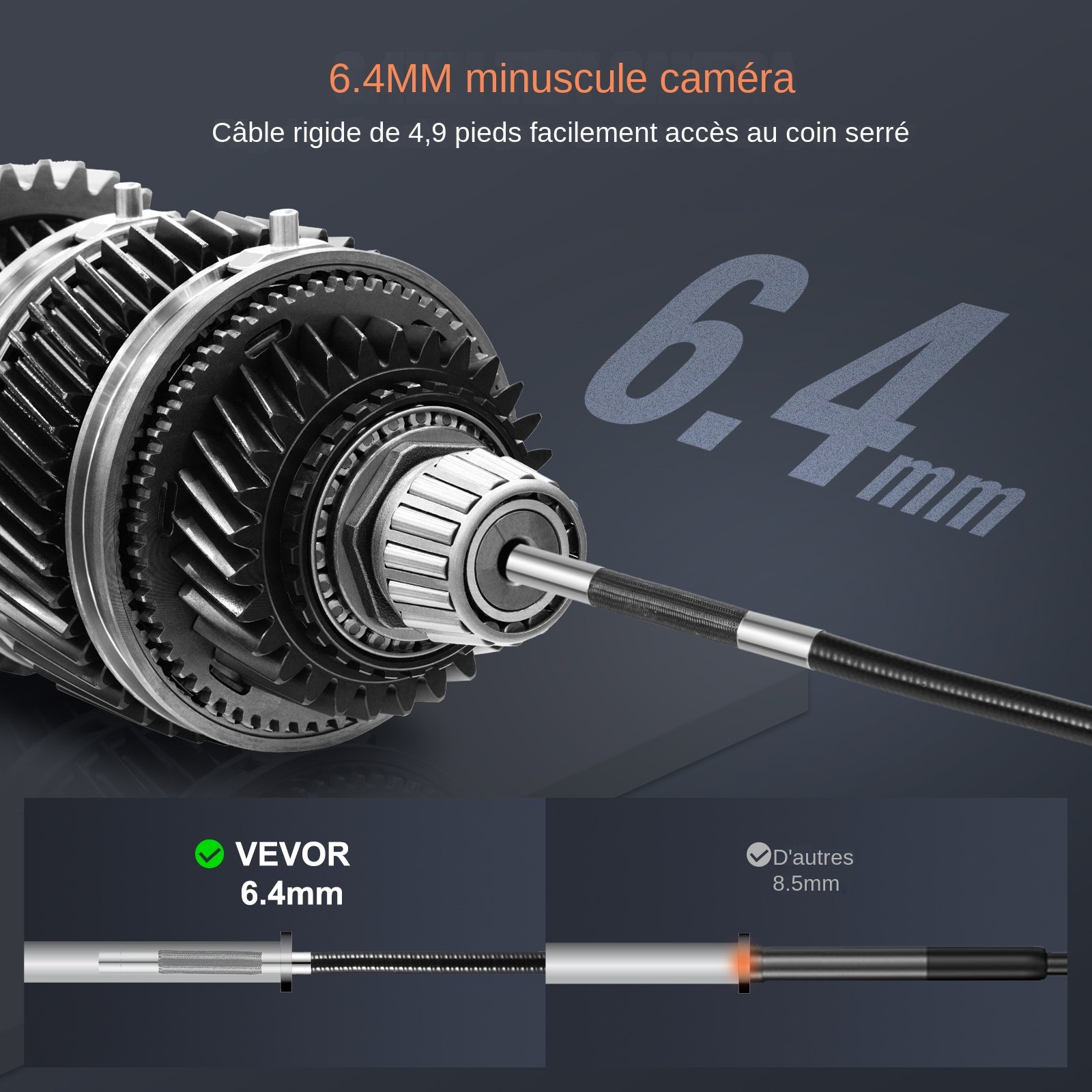 VEVOR Cámara Endoscópica Articulada con Luz Cámara de Inspección de Endoscopio Articulada Bidireccional Lente de 6,4mm Pantalla IPS 5" 1080P HD Zoom 8X 8 Luces LED para Coche, Fontanería Cable 1,5m
