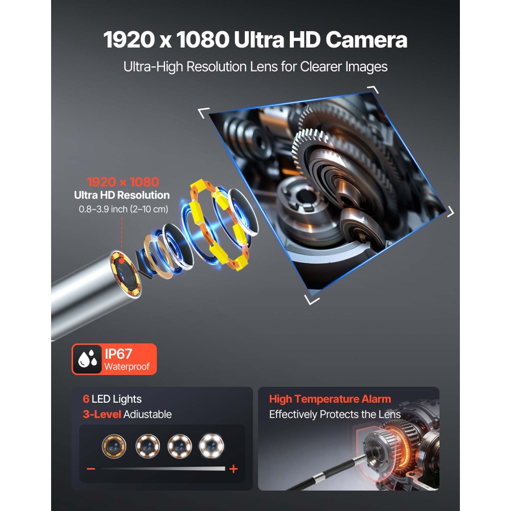VEVOR Endoscopio Cámara de Inspección de 360° Articulado en 4 Direcciones con Pantalla IPS, 3000 mAh, Sonda de 8 mm, 32 GB, Cable de 1,5 m, Luces LED, Zoom Multinivel, para Automoción y Fontanería