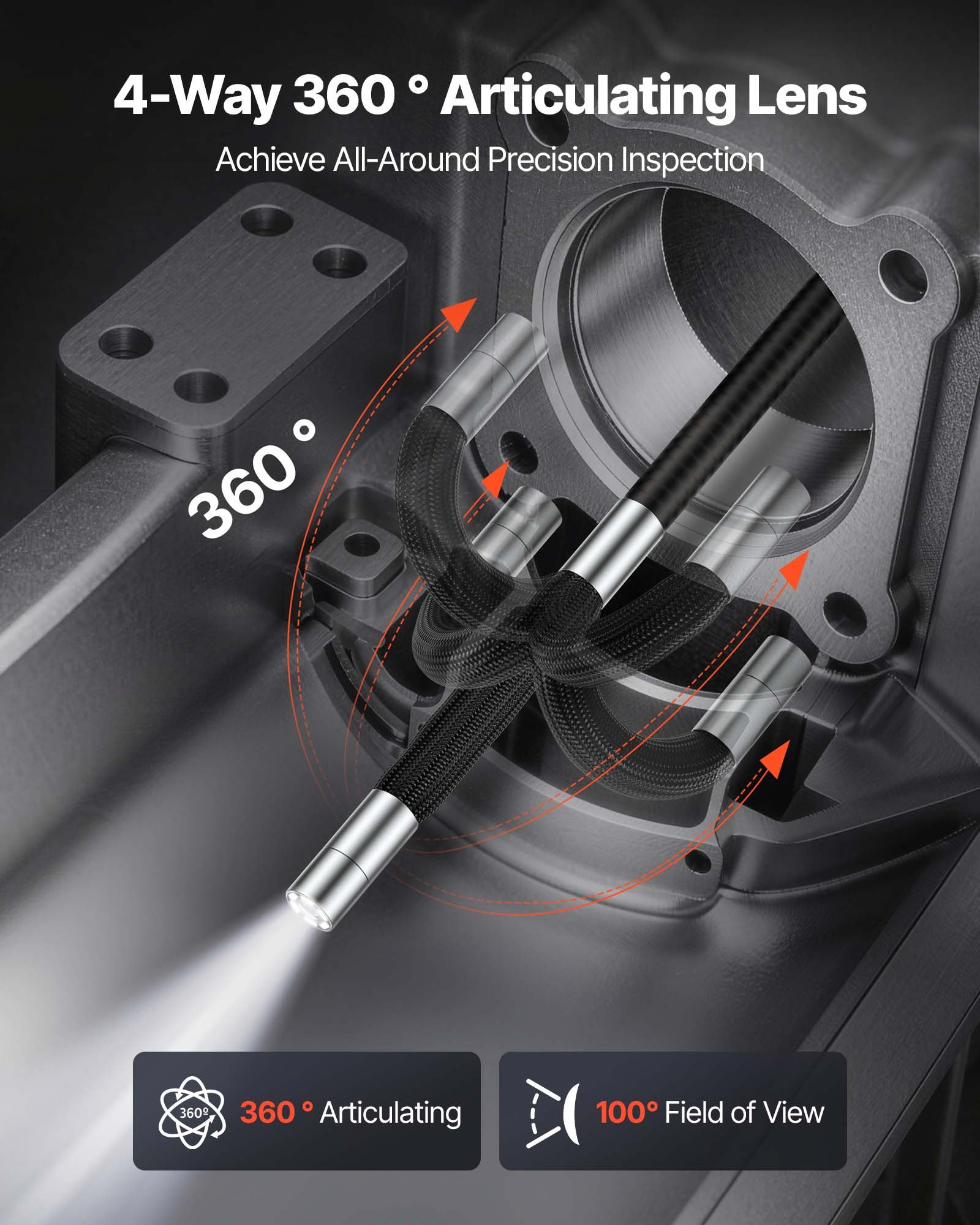 VEVOR Endoscopio Cámara de Inspección de 360° Articulado en 4 Direcciones con Pantalla IPS, 3000 mAh, Sonda de 8 mm, 32 GB, Cable de 1,5 m, Luces LED, Zoom Multinivel, para Automoción y Fontanería